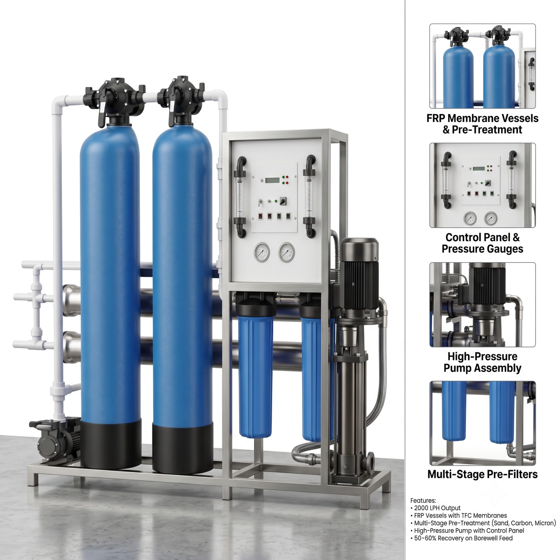 2000 LPH RO Plant Price in India: Industrial FRP Skid — heavy-duty SS 304 food-grade construction & conveyor setup