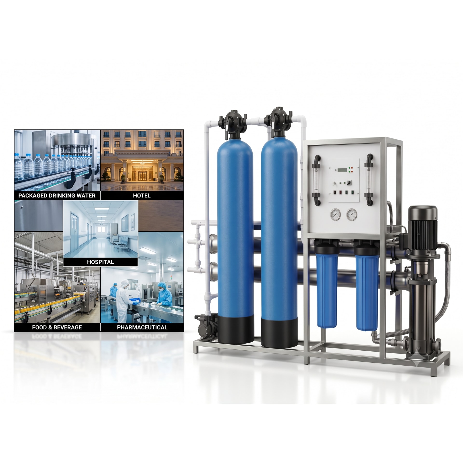 2000 LPH RO Plant Price in India: Industrial FRP Skid — Delta PLC touch screen & automated control panel layout