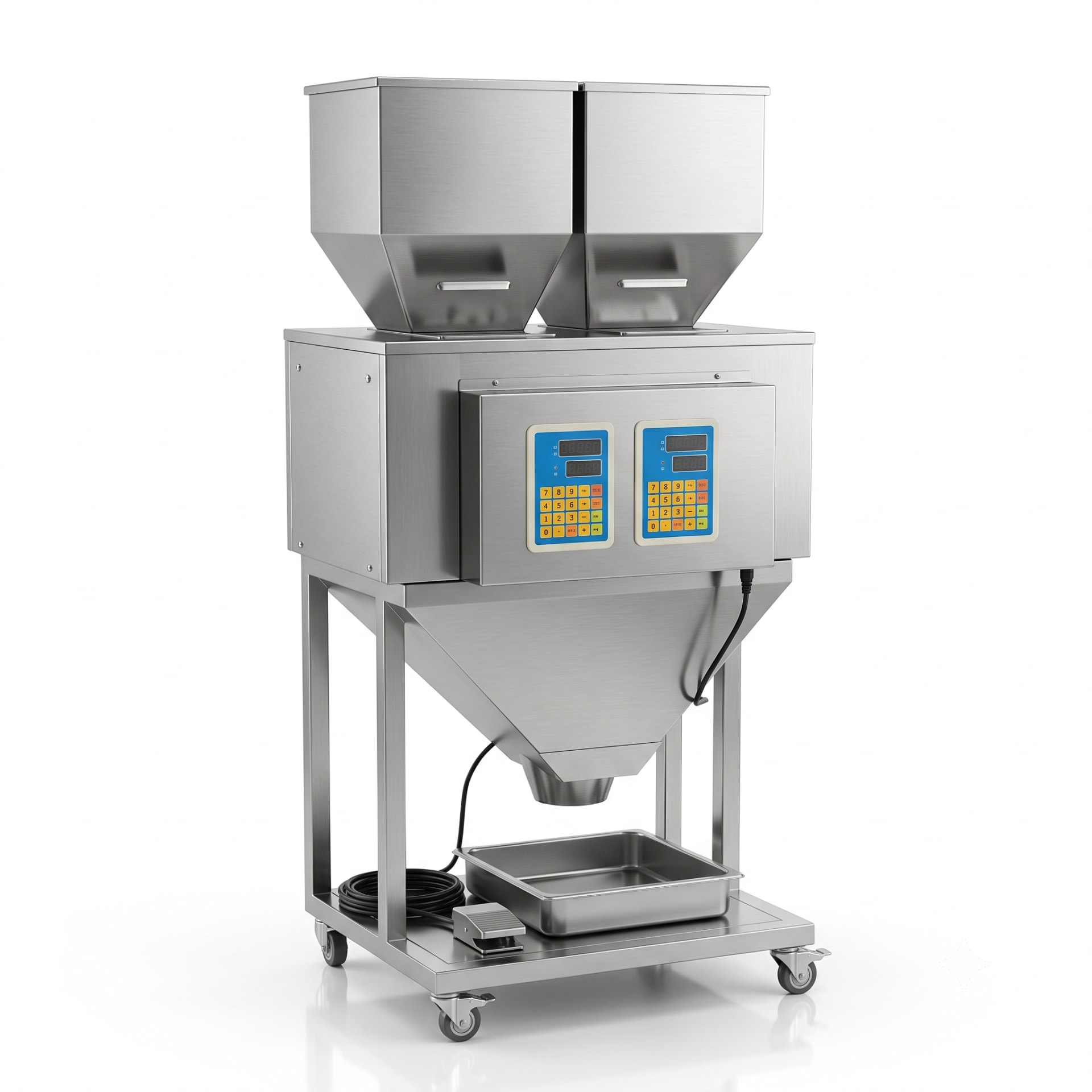 New Vision Machines 100g Double Head Weigh Filler Machine — Semi Automatic 2-Head Load-Cell Granule Filling Machine — Oil Filling Machine by New Vision Machines