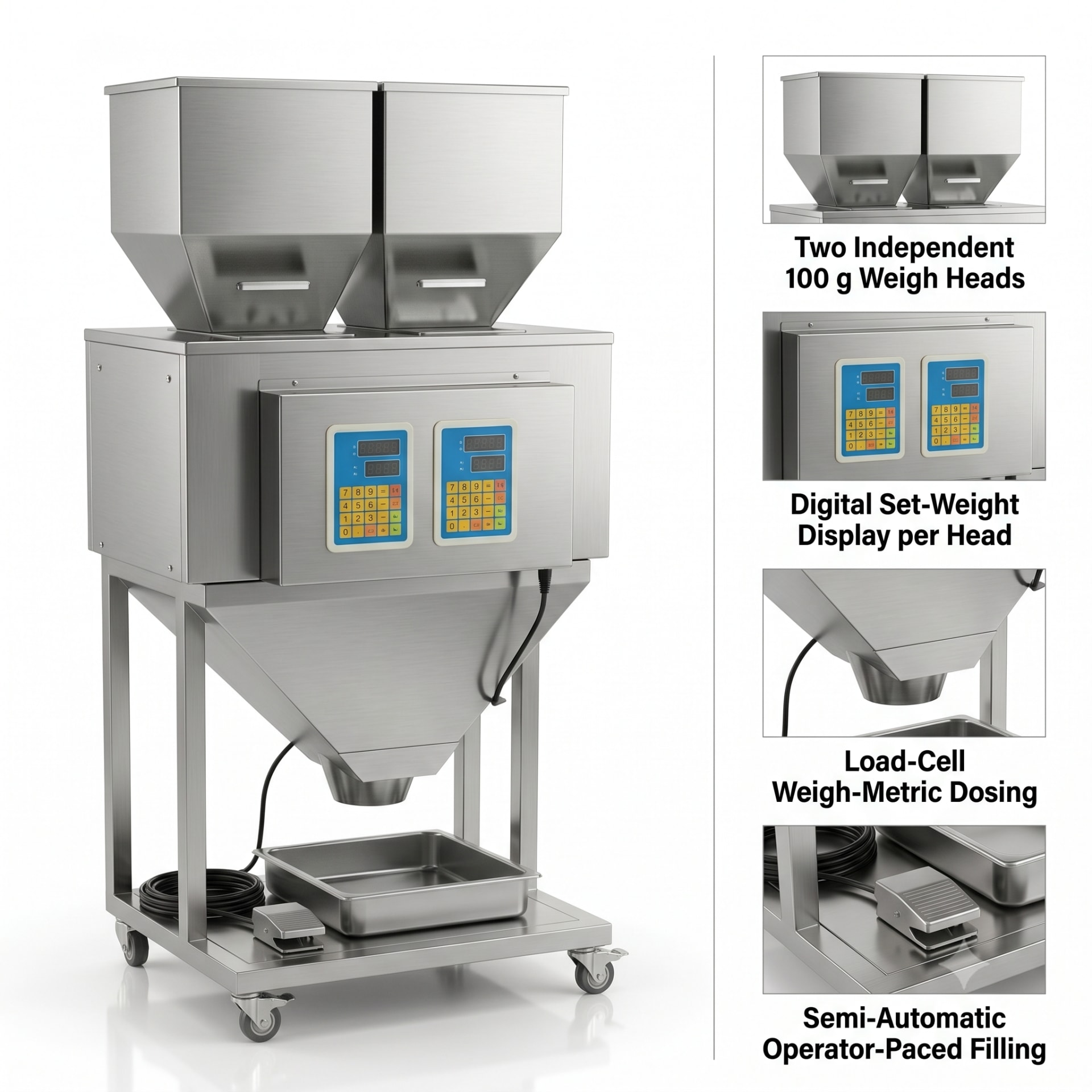 New Vision Machines 100g Double Head Weigh Filler Machine — Semi Automatic 2-Head Load-Cell Granule Filling Machine — heavy-duty SS 304 food-grade construction & conveyor setup