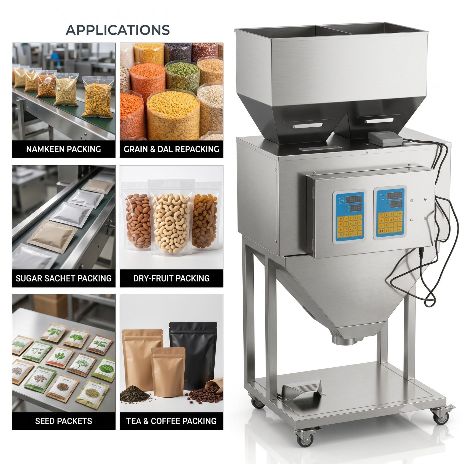 New Vision Machines 100g Double Head Weigh Filler Machine — Semi Automatic 2-Head Load-Cell Granule Filling Machine — Delta PLC touch screen & automated control panel layout
