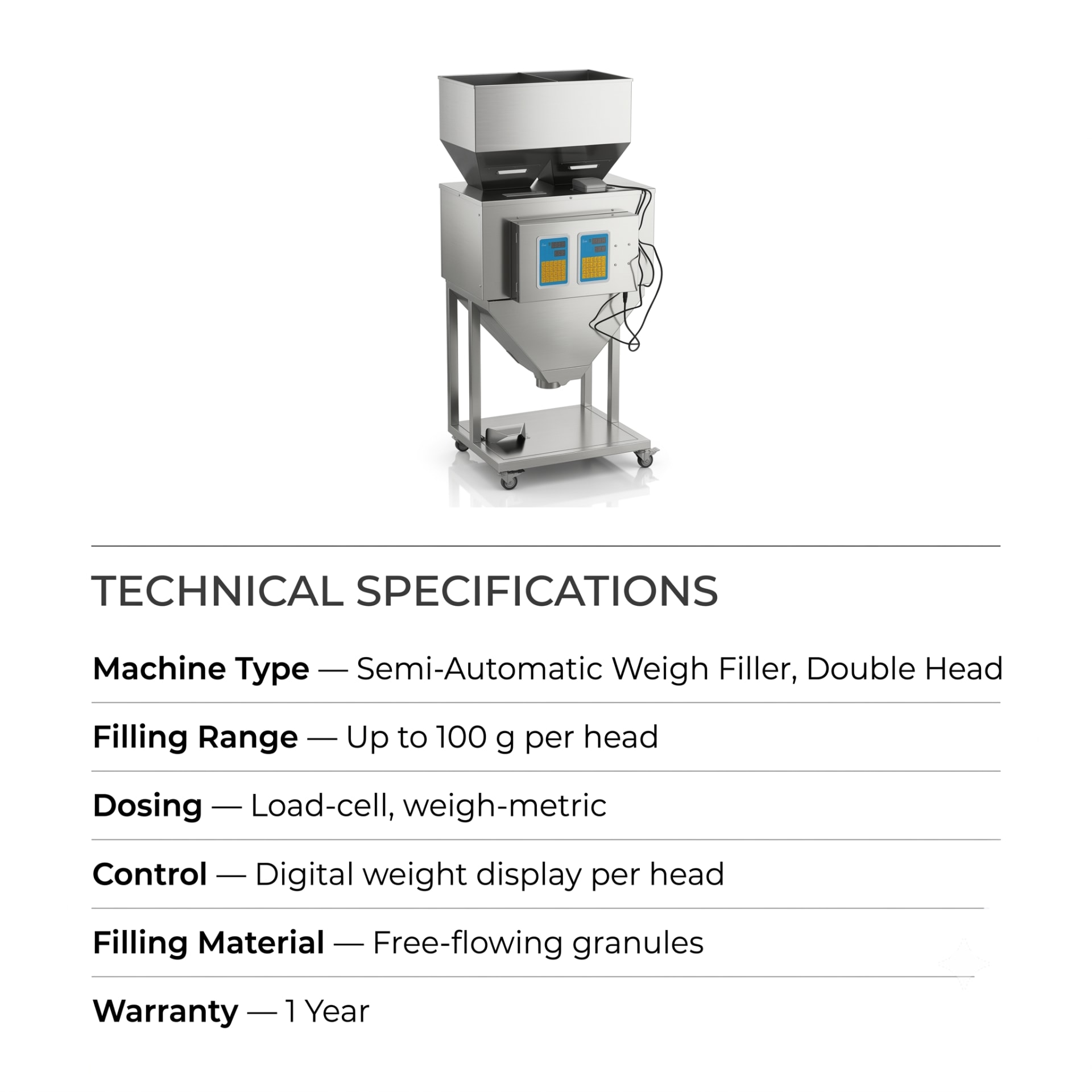 New Vision Machines 100g Double Head Weigh Filler Machine — Semi Automatic 2-Head Load-Cell Granule Filling Machine — packaging equipment technical specifications and build view 5 by New Vision Machines Indore