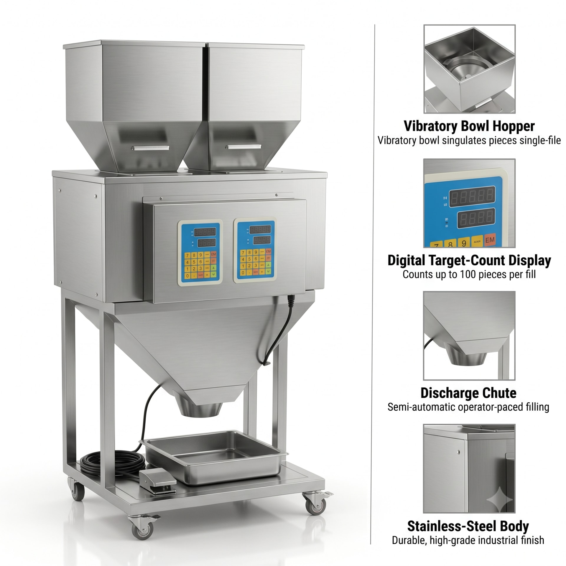 New Vision Machines 100 Pieces Counter Filler Machine — Semi Automatic Single-Head Counting & Filling Machine — heavy-duty SS 304 food-grade construction & conveyor setup