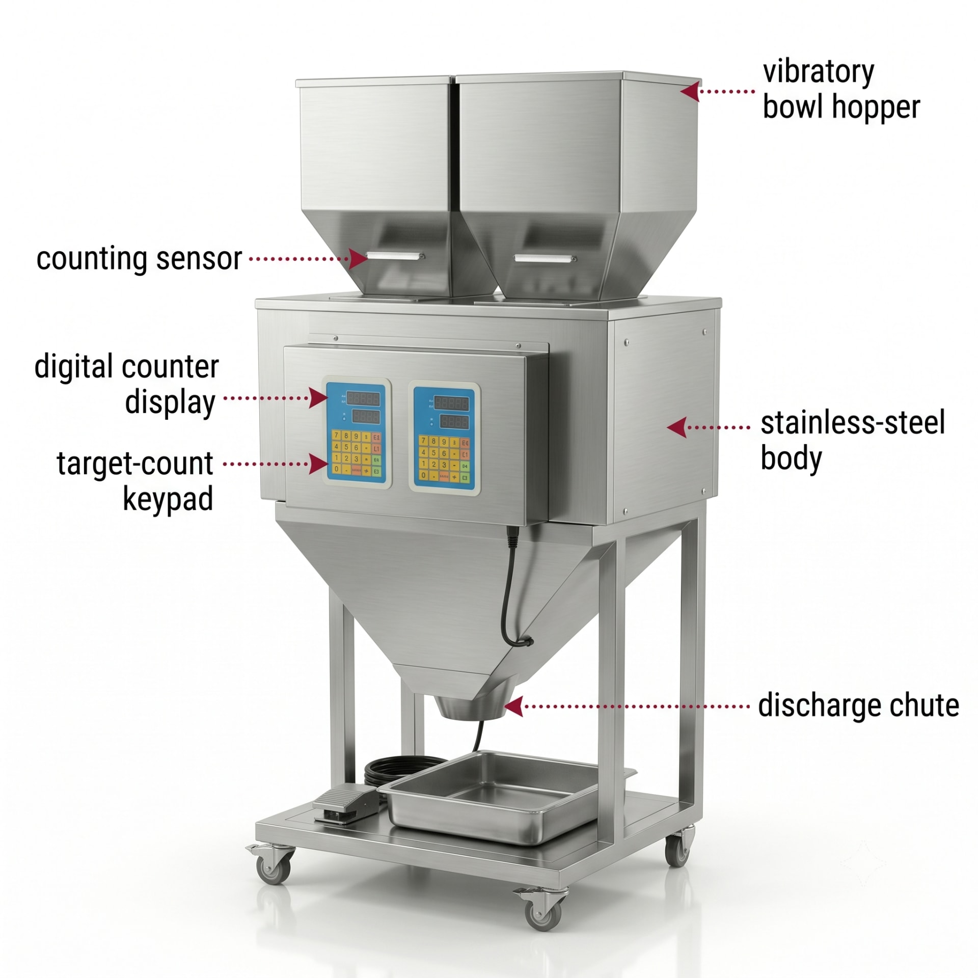 New Vision Machines 100 Pieces Counter Filler Machine — Semi Automatic Single-Head Counting & Filling Machine — precision nozzles, filling heads & mechanical assembly