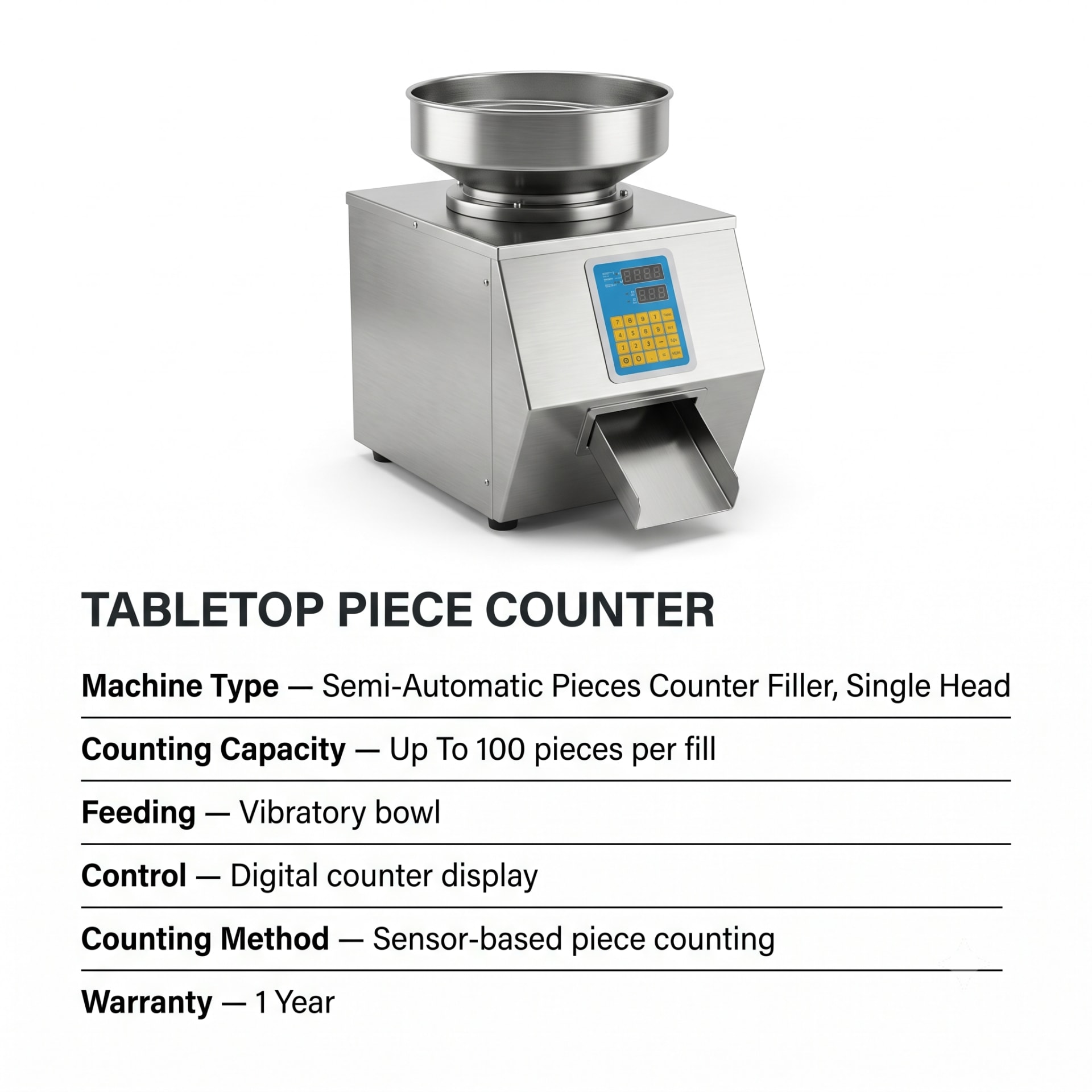 New Vision Machines 100 Pieces Counter Filler Machine — Semi Automatic Single-Head Counting & Filling Machine — packaging equipment technical specifications and build view 5 by New Vision Machines Indore