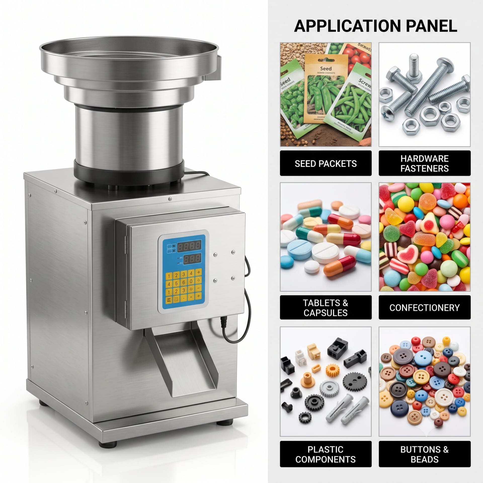 New Vision Machines 100 Pieces Counter Filler Machine — Semi Automatic Single-Head Counting & Filling Machine — Delta PLC touch screen & automated control panel layout