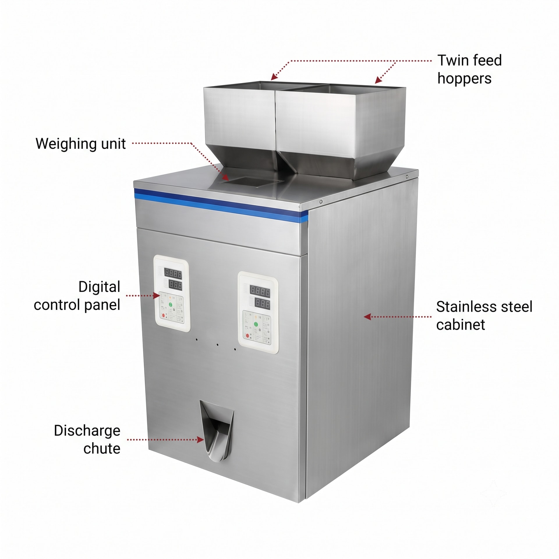 Automatic Granule Packing Machine — Double Head 100 to 1000 Grams — precision nozzles, filling heads & mechanical assembly