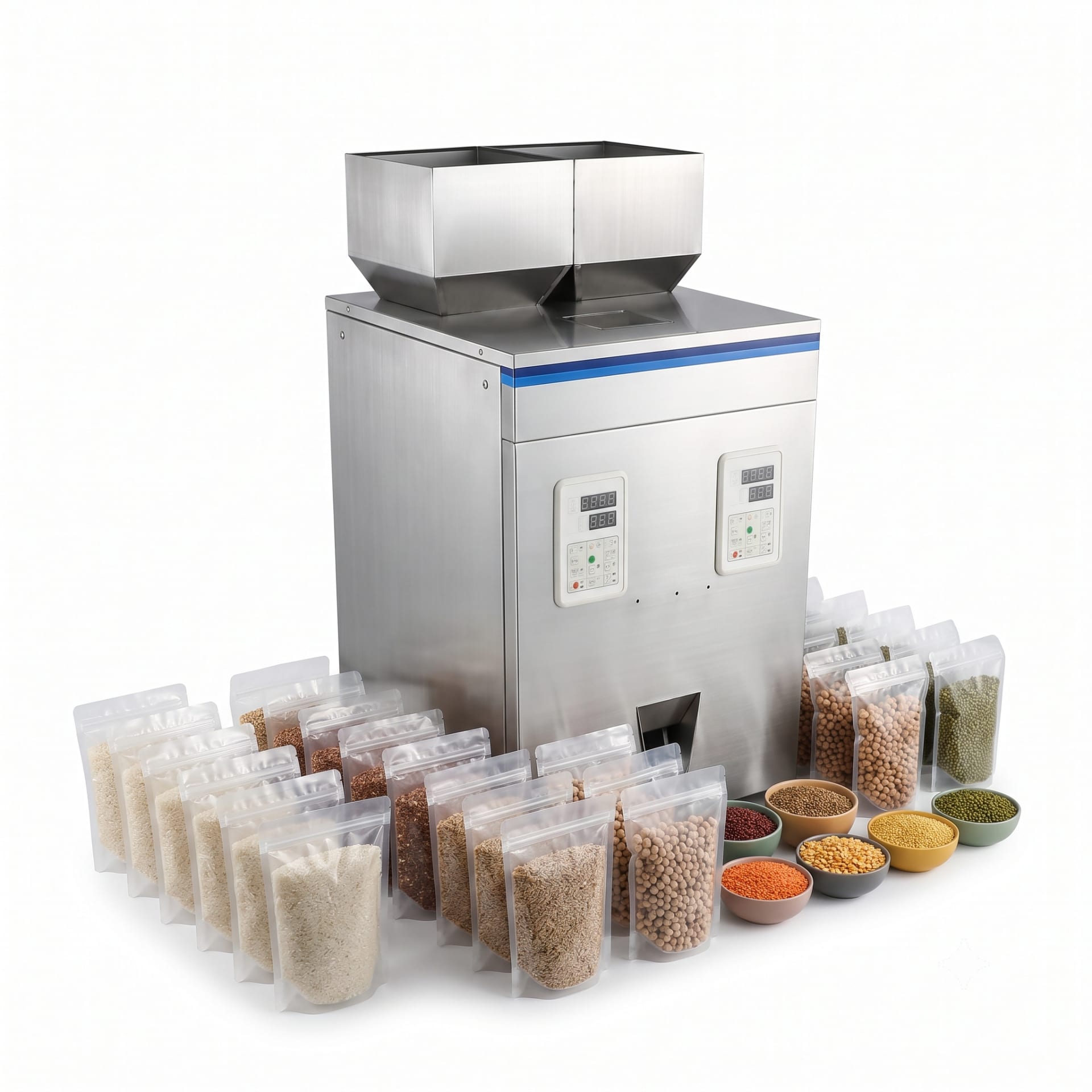 Automatic Granule Packing Machine — Double Head 100 to 1000 Grams — Delta PLC touch screen & automated control panel layout