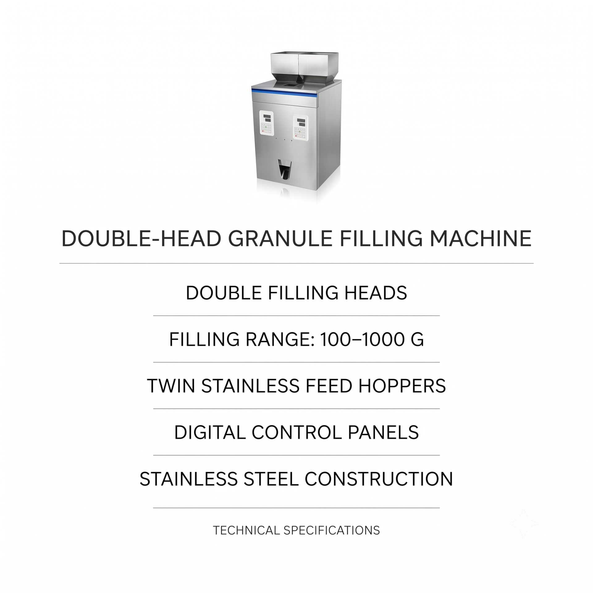 Automatic Granule Packing Machine — Double Head 100 to 1000 Grams — packaging equipment technical specifications and build view 5 by New Vision Machines Indore