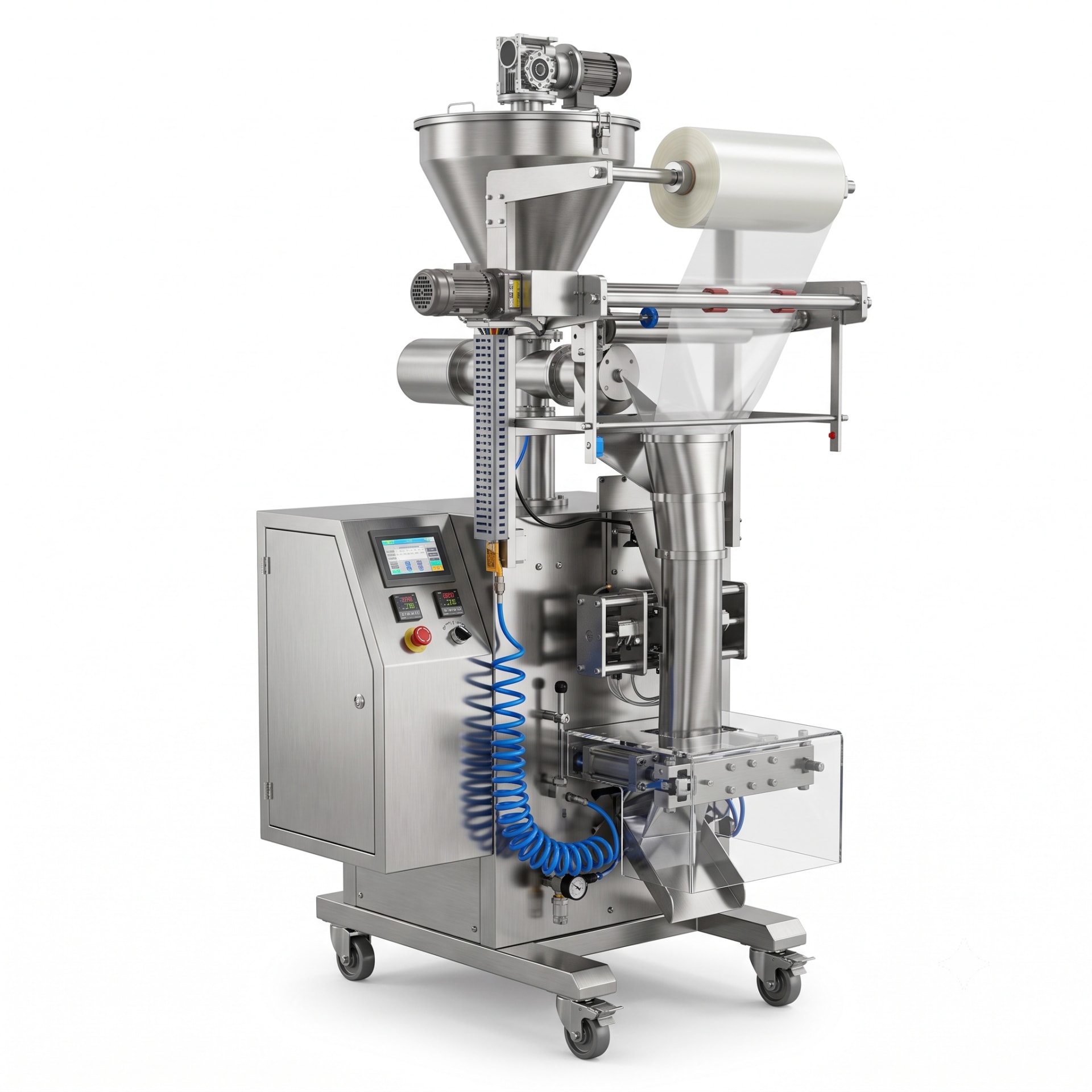 New Vision Machines Automatic Powder Pouch Packing Machine — FFS Auger Filler with Hopper Stirrer — Oil Filling Machine by New Vision Machines