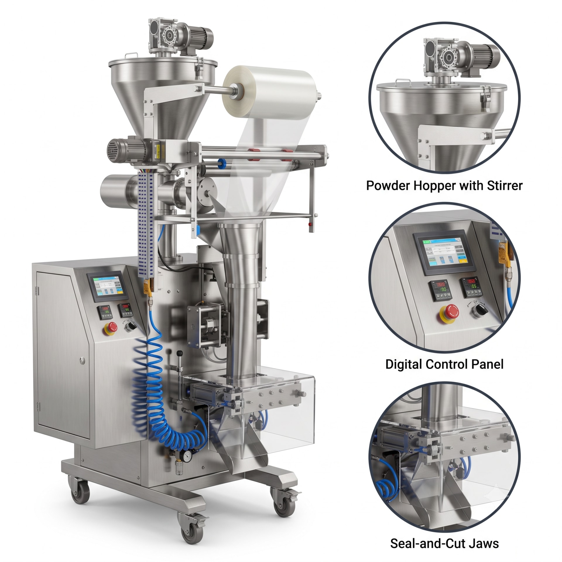 New Vision Machines Automatic Powder Pouch Packing Machine — FFS Auger Filler with Hopper Stirrer — precision nozzles, filling heads & mechanical assembly