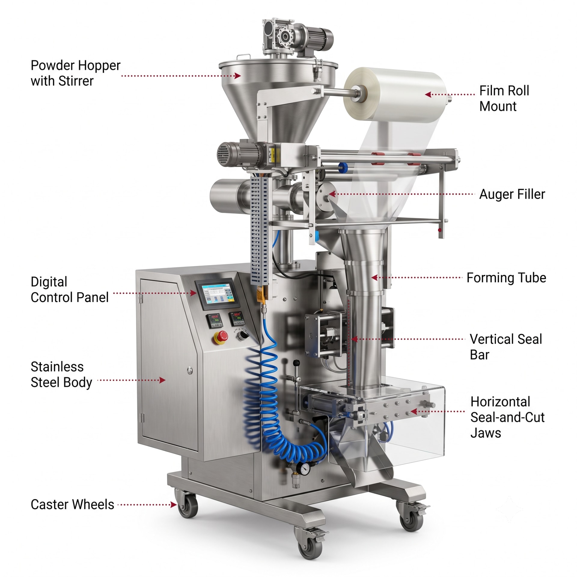 New Vision Machines Automatic Powder Pouch Packing Machine — FFS Auger Filler with Hopper Stirrer — Delta PLC touch screen & automated control panel layout