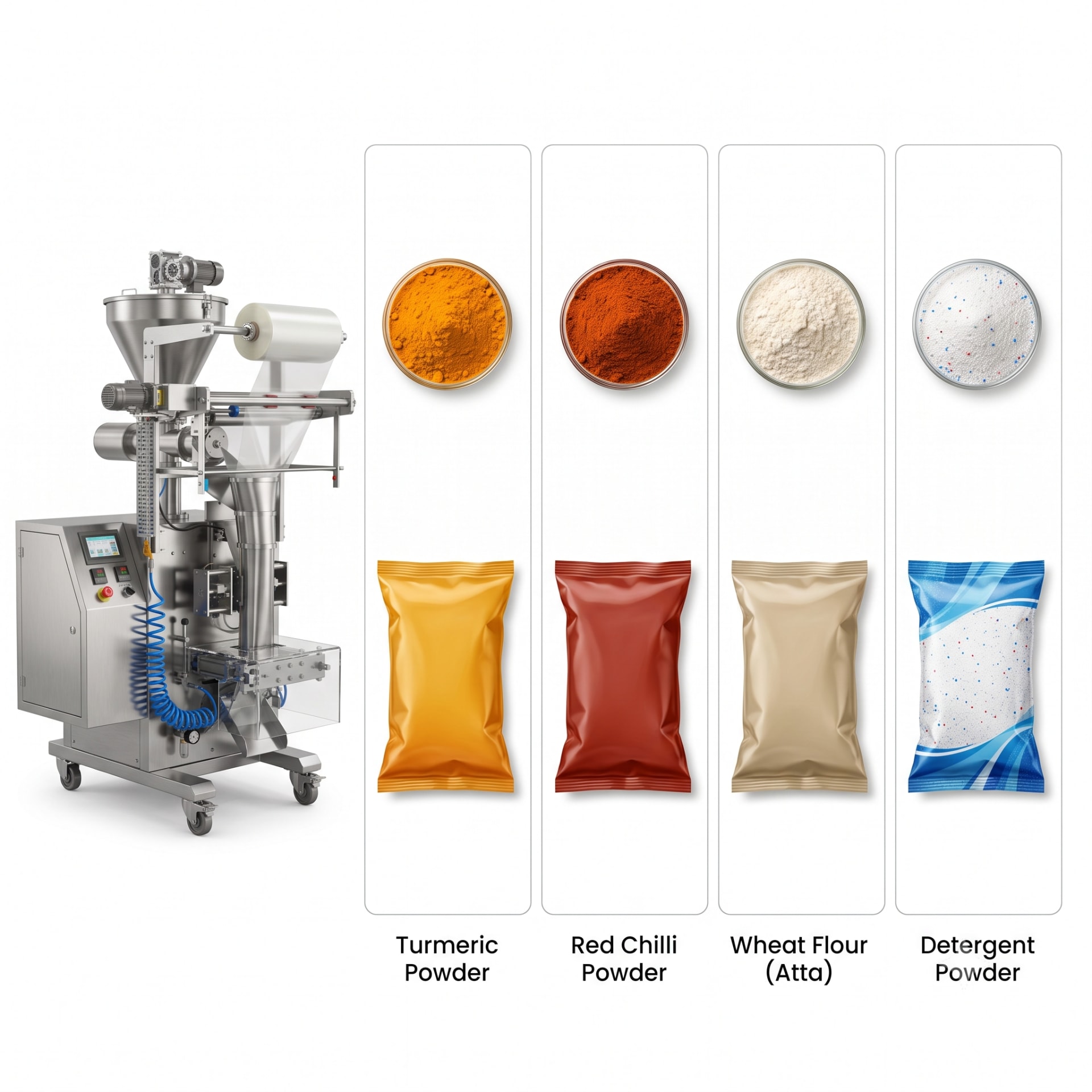 New Vision Machines Automatic Powder Pouch Packing Machine — FFS Auger Filler with Hopper Stirrer — packaging equipment technical specifications and build view 5 by New Vision Machines Indore