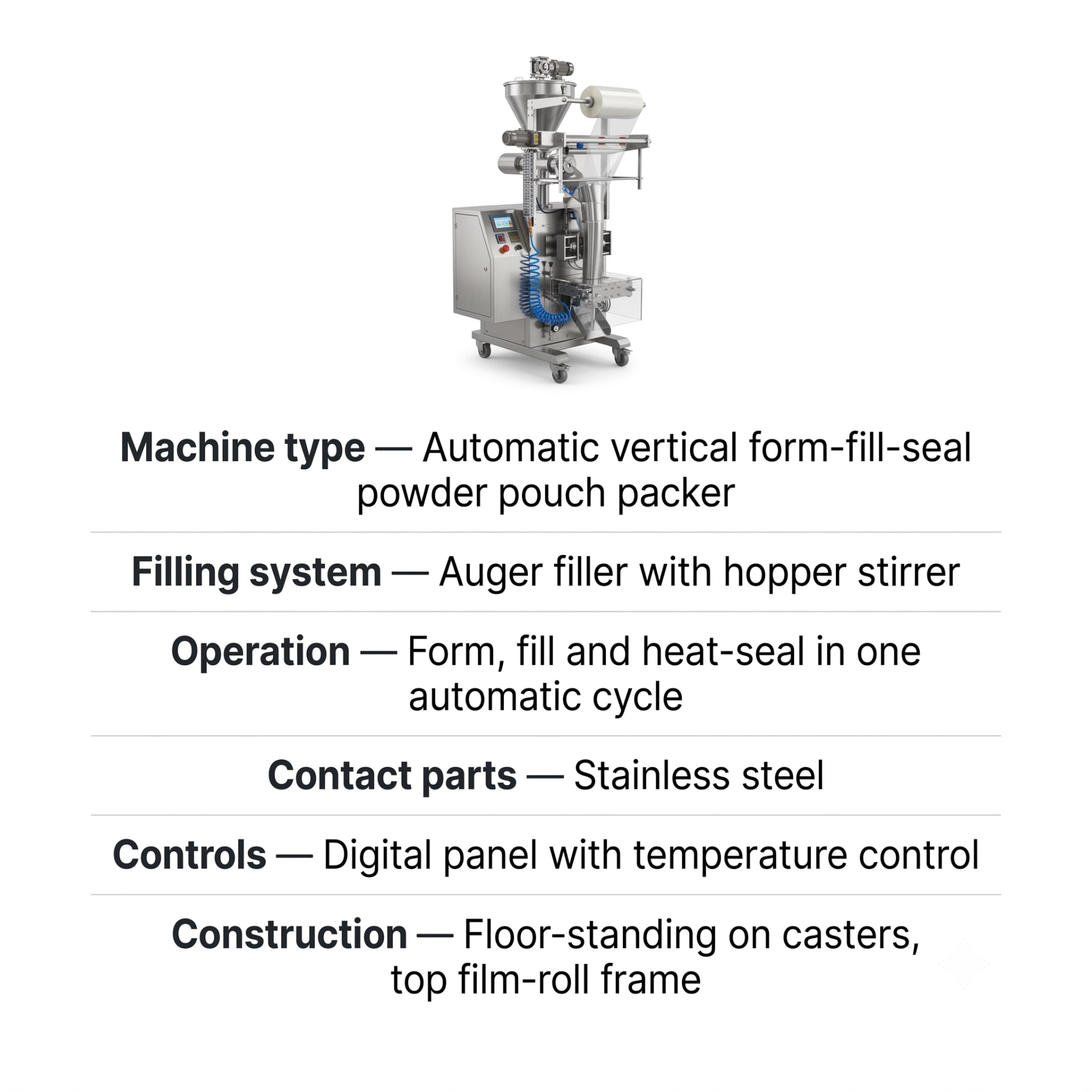 New Vision Machines Automatic Powder Pouch Packing Machine — FFS Auger Filler with Hopper Stirrer — packaging equipment technical specifications and build view 6 by New Vision Machines Indore