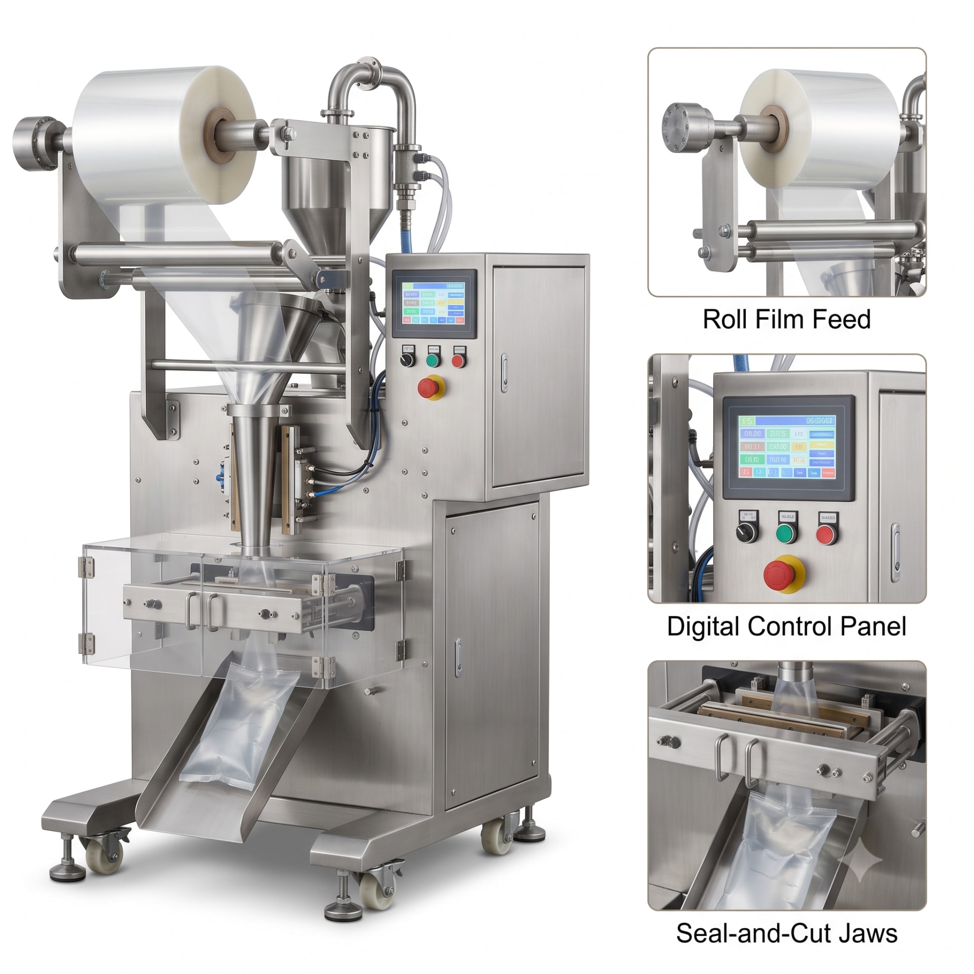 New Vision Machines Automatic Liquid Pouch Packing Machine — Vertical Form Fill Seal for Liquids — heavy-duty SS 304 food-grade construction & conveyor setup