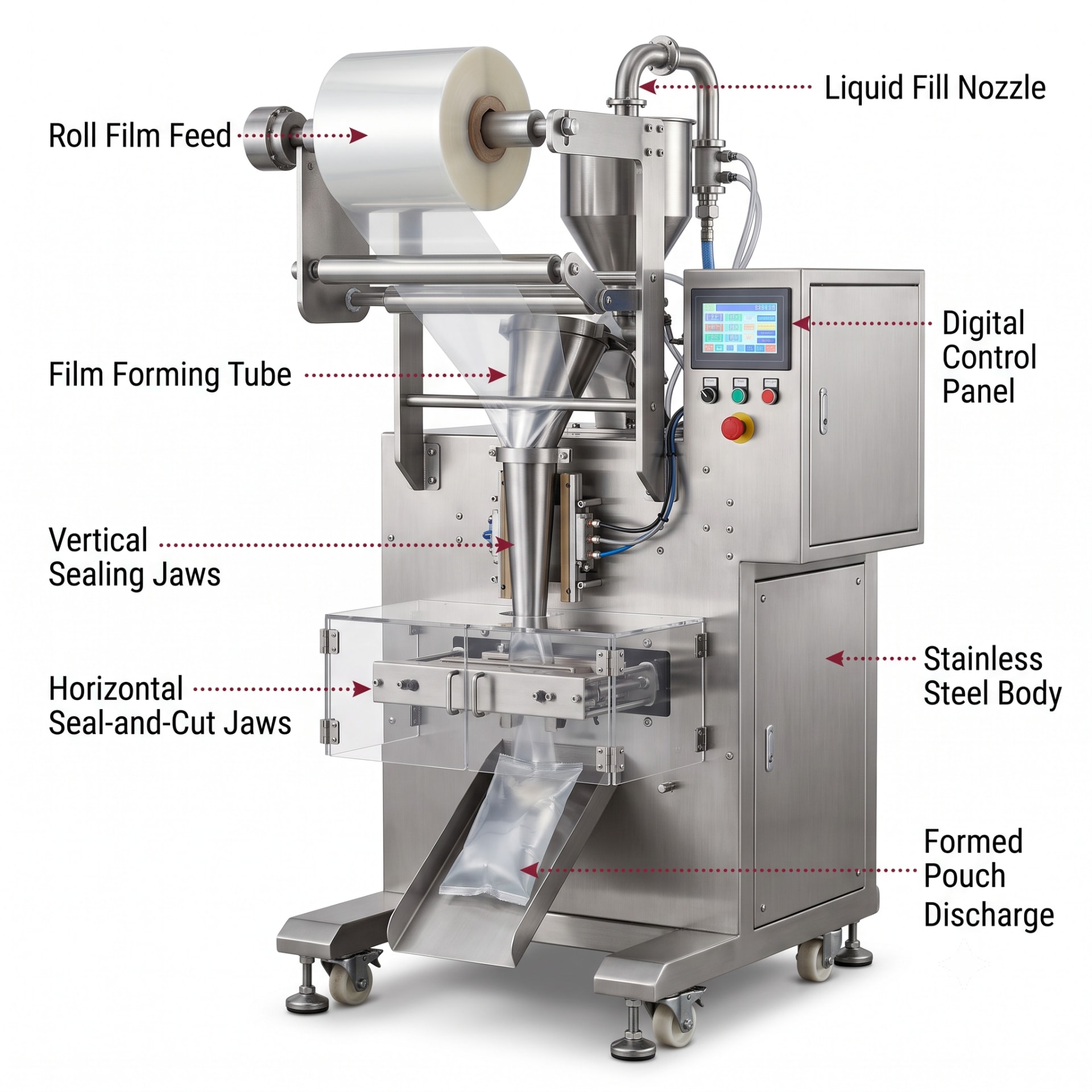 New Vision Machines Automatic Liquid Pouch Packing Machine — Vertical Form Fill Seal for Liquids — precision nozzles, filling heads & mechanical assembly
