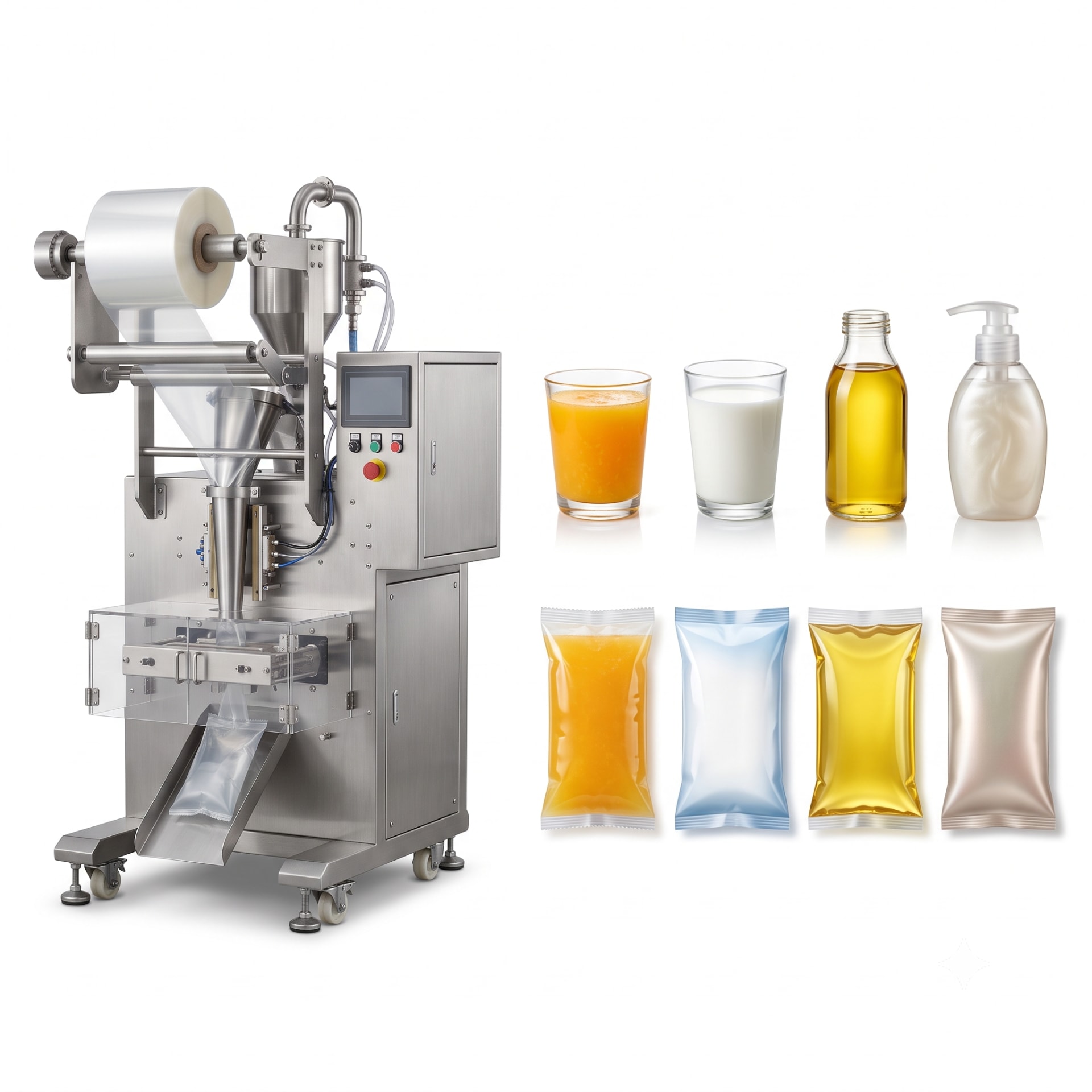 New Vision Machines Automatic Liquid Pouch Packing Machine — Vertical Form Fill Seal for Liquids — Delta PLC touch screen & automated control panel layout