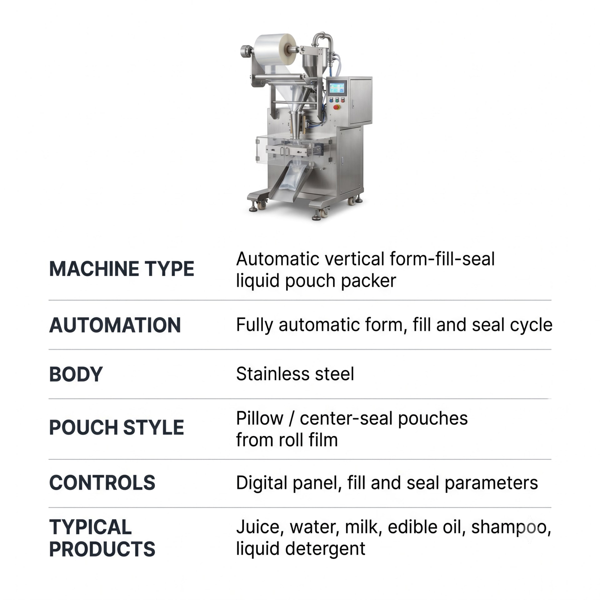 New Vision Machines Automatic Liquid Pouch Packing Machine — Vertical Form Fill Seal for Liquids — packaging equipment technical specifications and build view 5 by New Vision Machines Indore