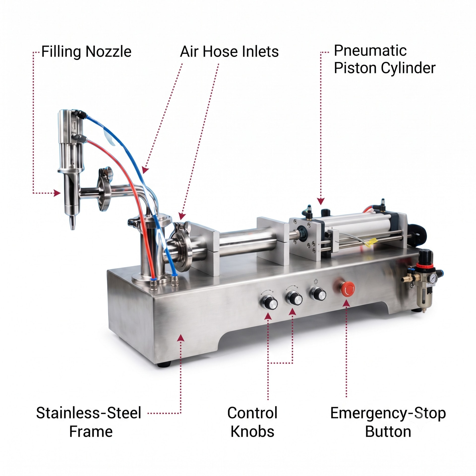 Pneumatic Liquid Filling Machine 50-500ml, Single Head — precision nozzles, filling heads & mechanical assembly