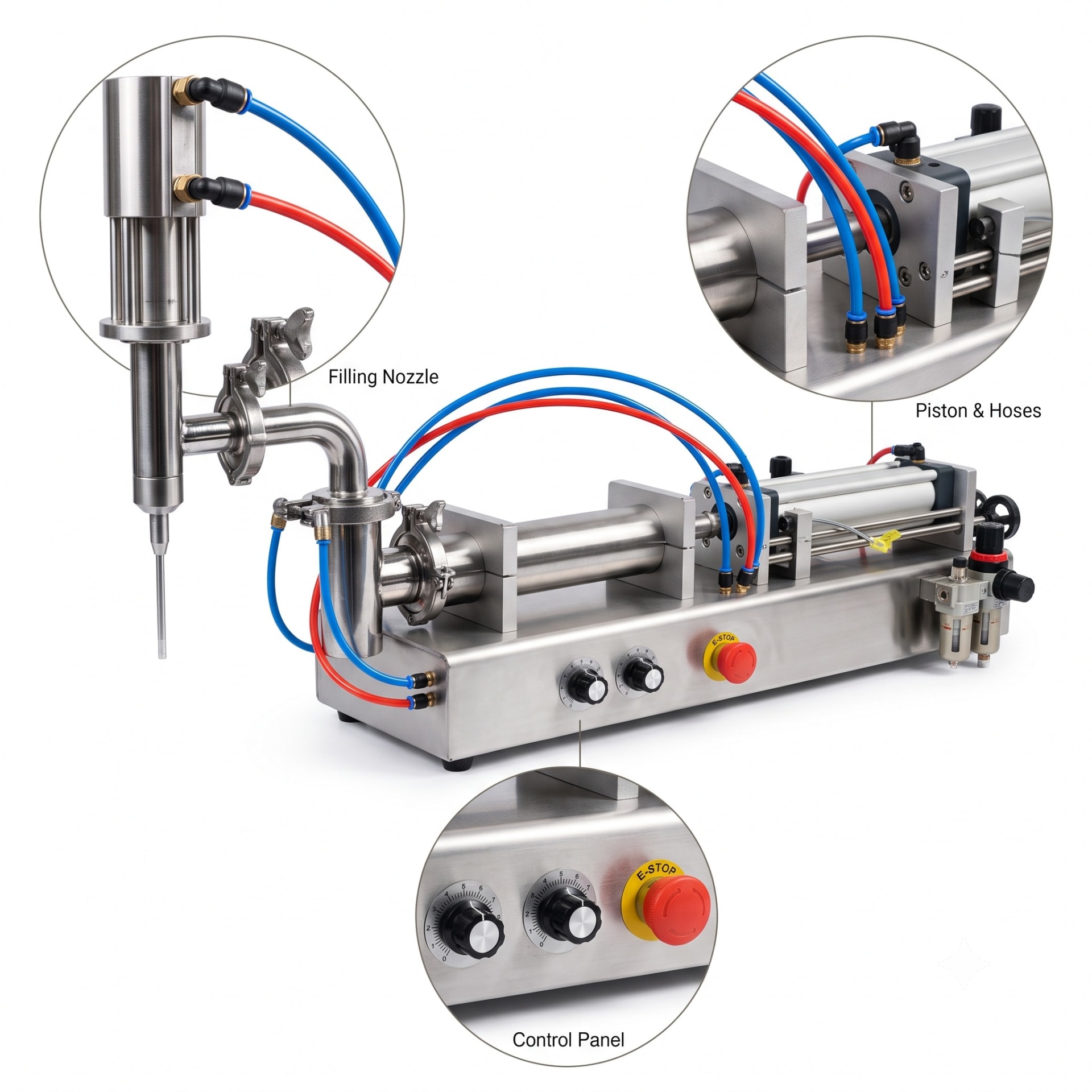 Pneumatic Liquid Filling Machine 50-500ml, Single Head — heavy-duty SS 304 food-grade construction & conveyor setup