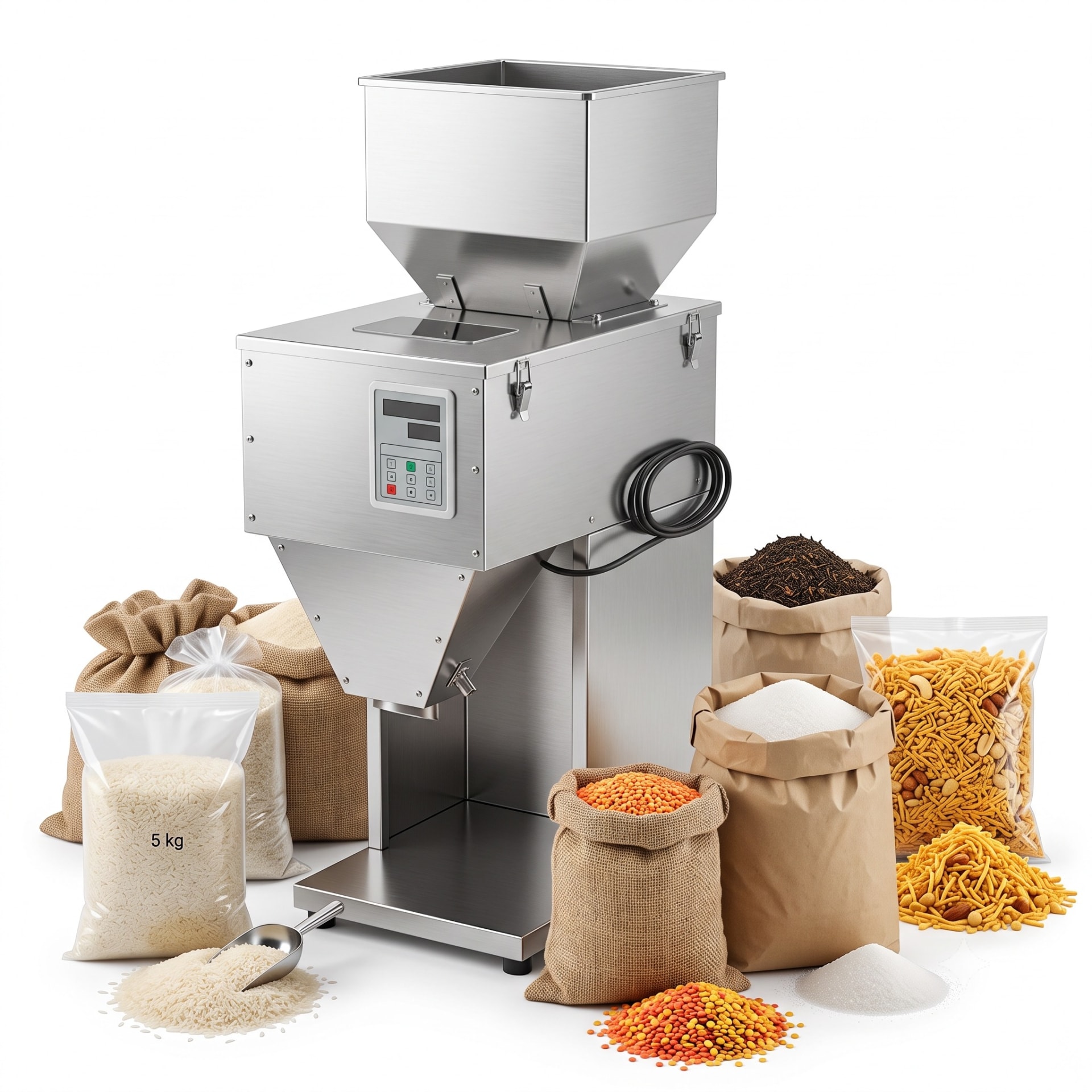 5kg Weigh Filler Granule Machine — Delta PLC touch screen & automated control panel layout