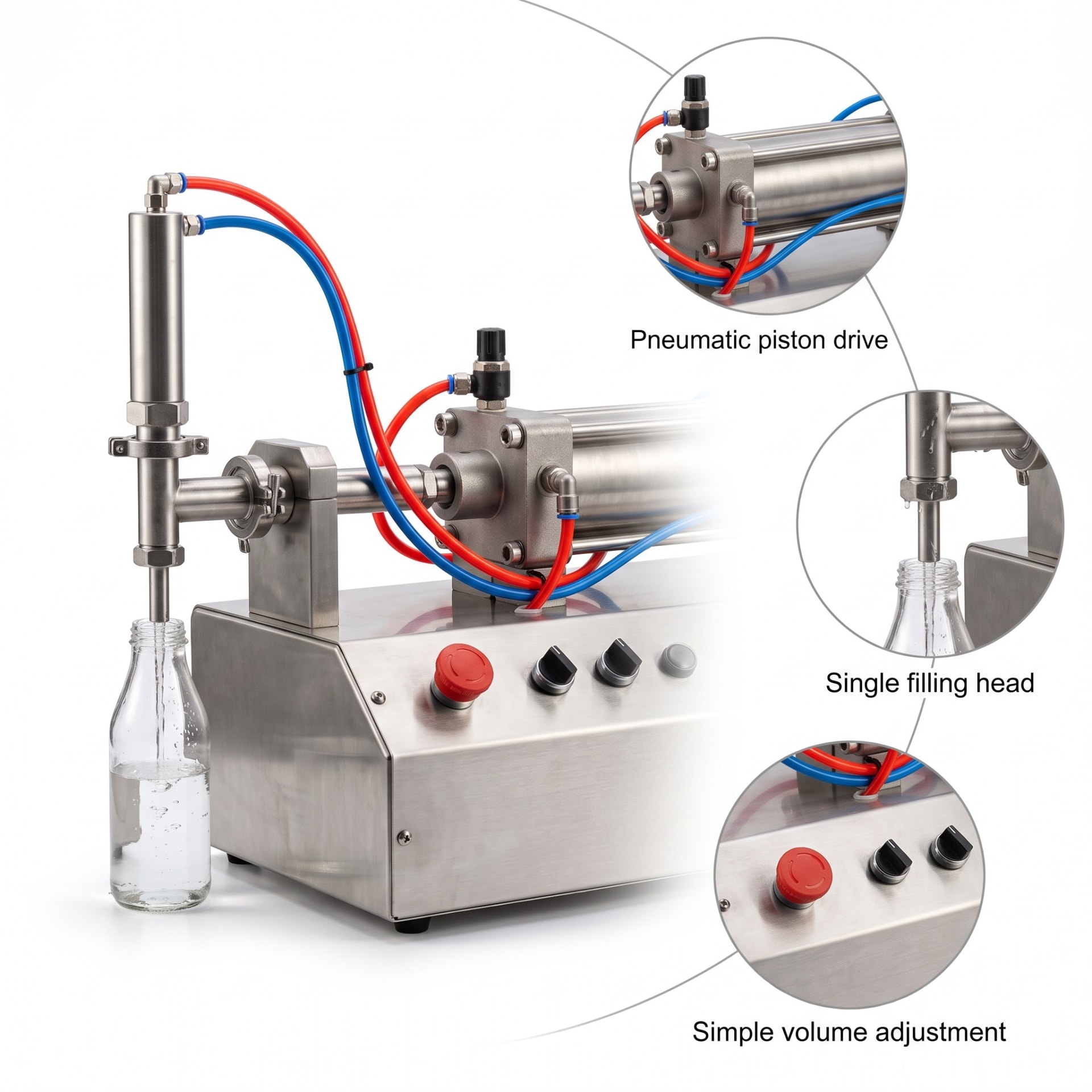 Single Head Pneumatic Liquid Filling Machine (500–5000 ml) — heavy-duty SS 304 food-grade construction & conveyor setup
