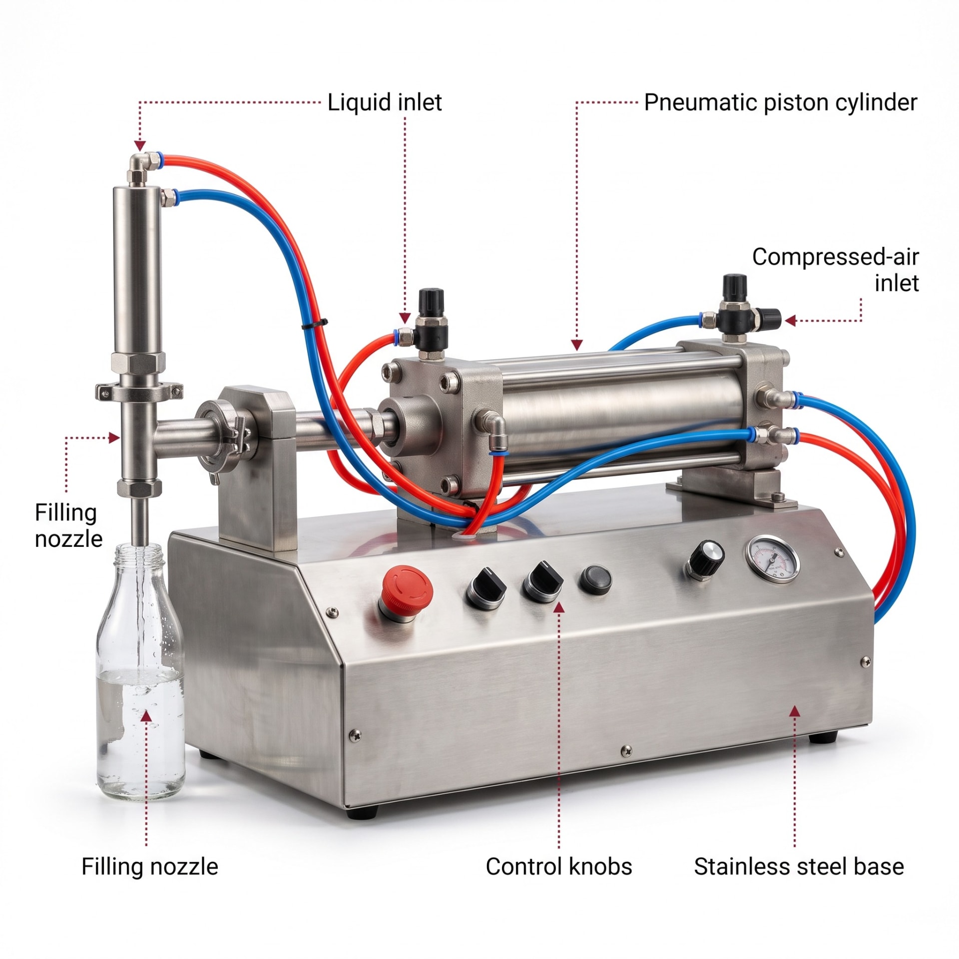 Single Head Pneumatic Liquid Filling Machine (500–5000 ml) — precision nozzles, filling heads & mechanical assembly