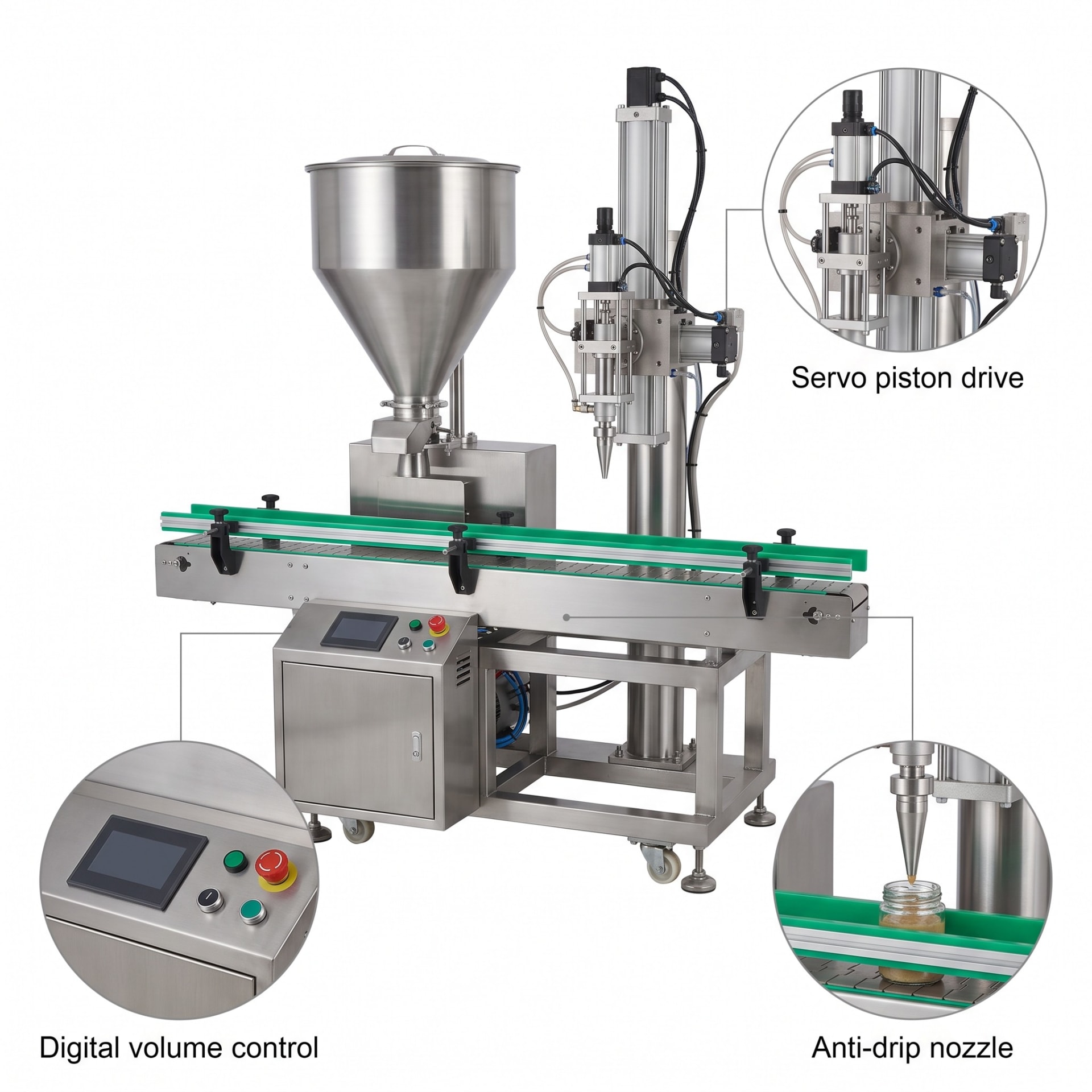 Fully Automatic Servo Paste Filling Machine — heavy-duty SS 304 food-grade construction & conveyor setup