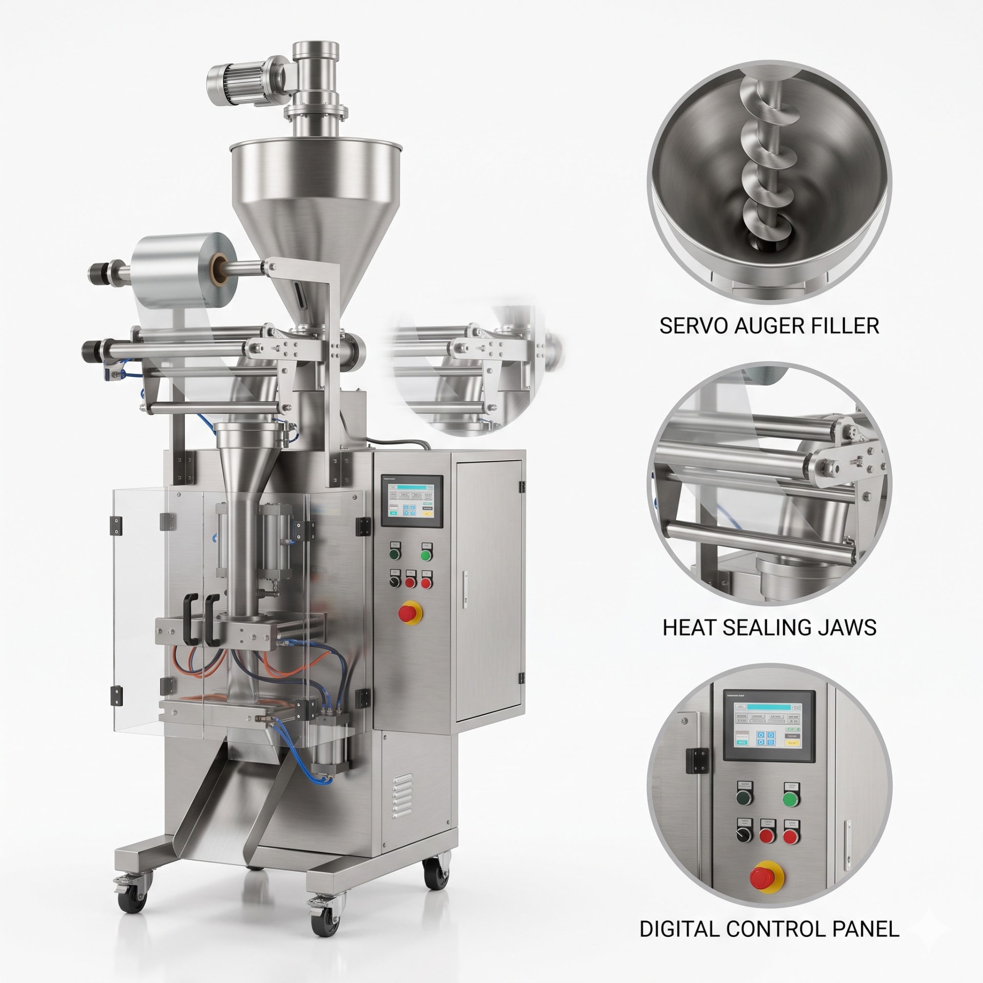 Vertical Auger Servo FFS Powder Packing Machine — precision nozzles, filling heads & mechanical assembly