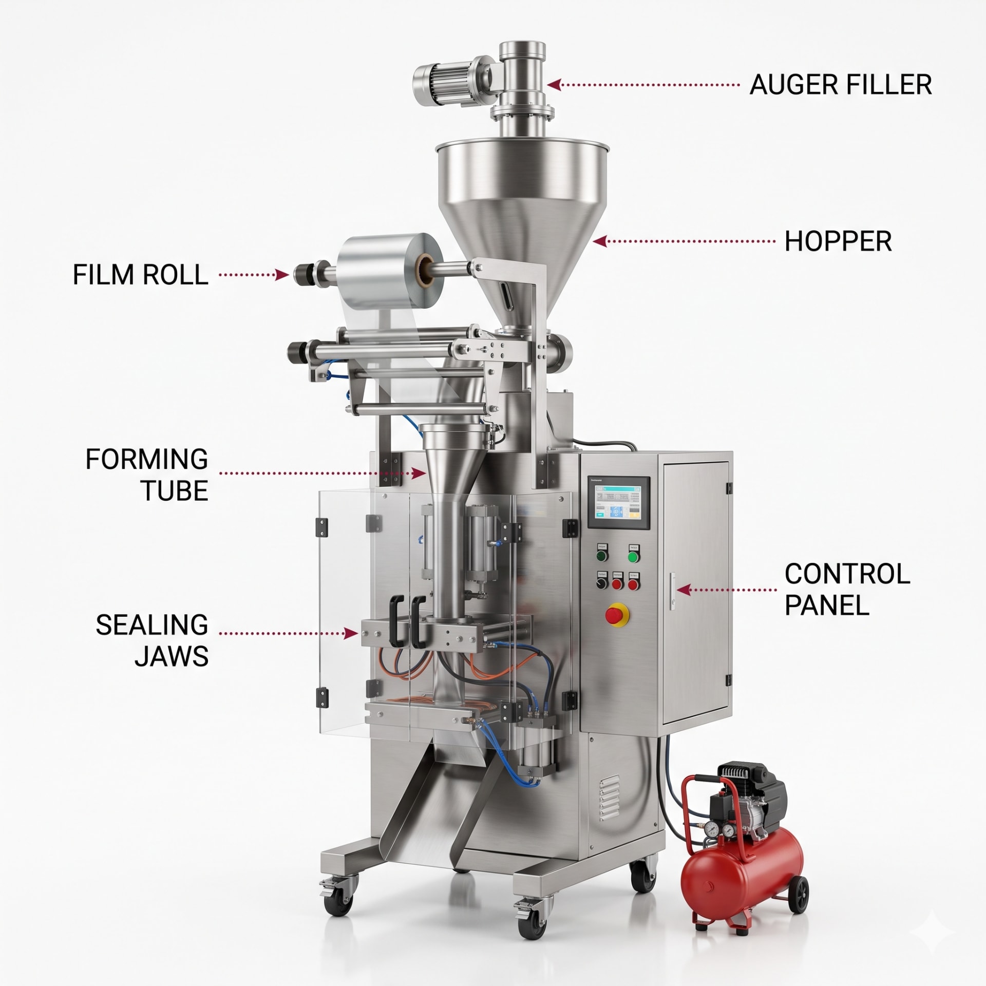 Vertical Auger Servo FFS Powder Packing Machine — Delta PLC touch screen & automated control panel layout