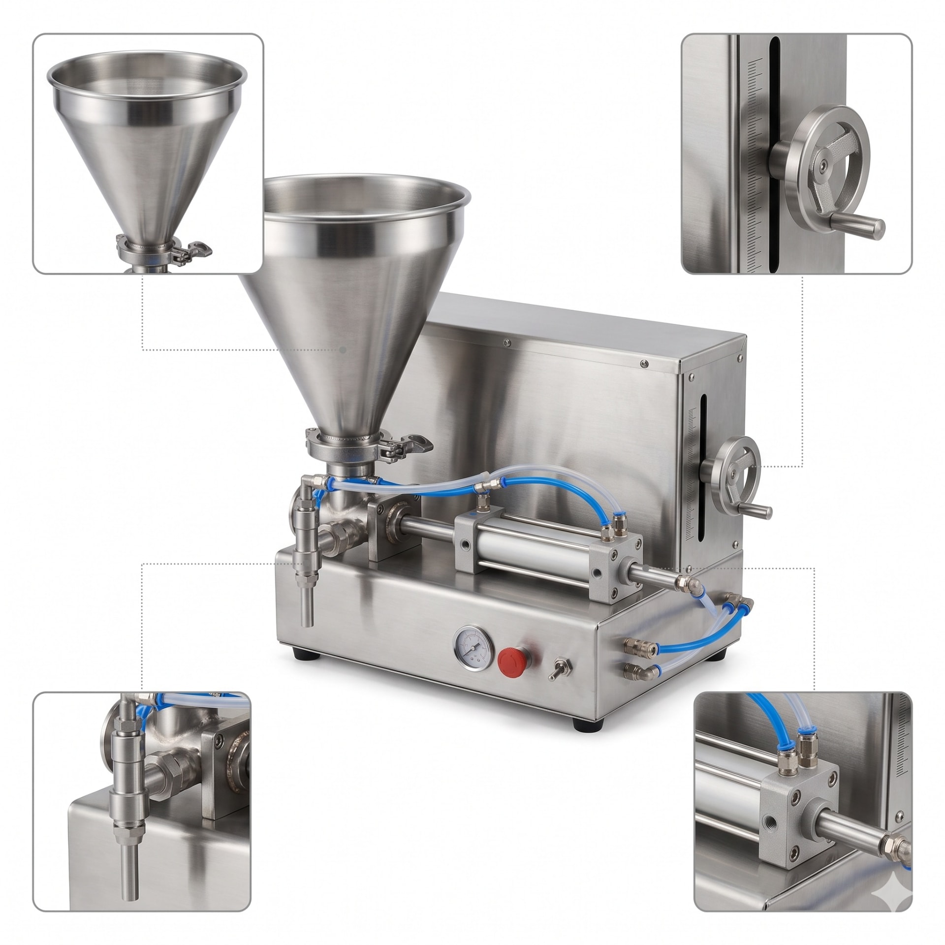 Single Head Pneumatic Paste Filler Machine 300-2600ml — precision nozzles, filling heads & mechanical assembly