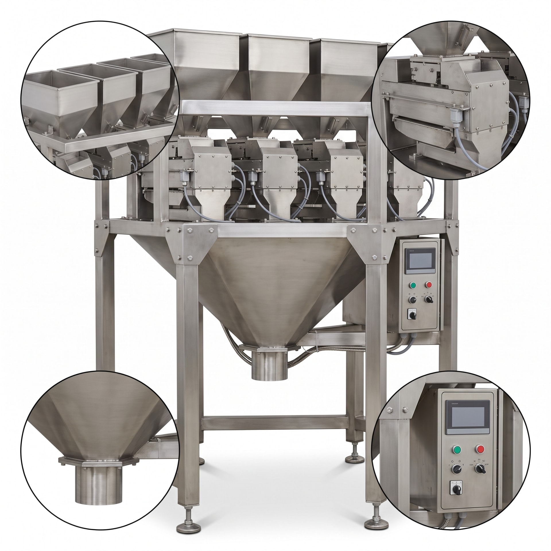 Four Head Weigh Filler Machine 1000g — heavy-duty SS 304 food-grade construction & conveyor setup