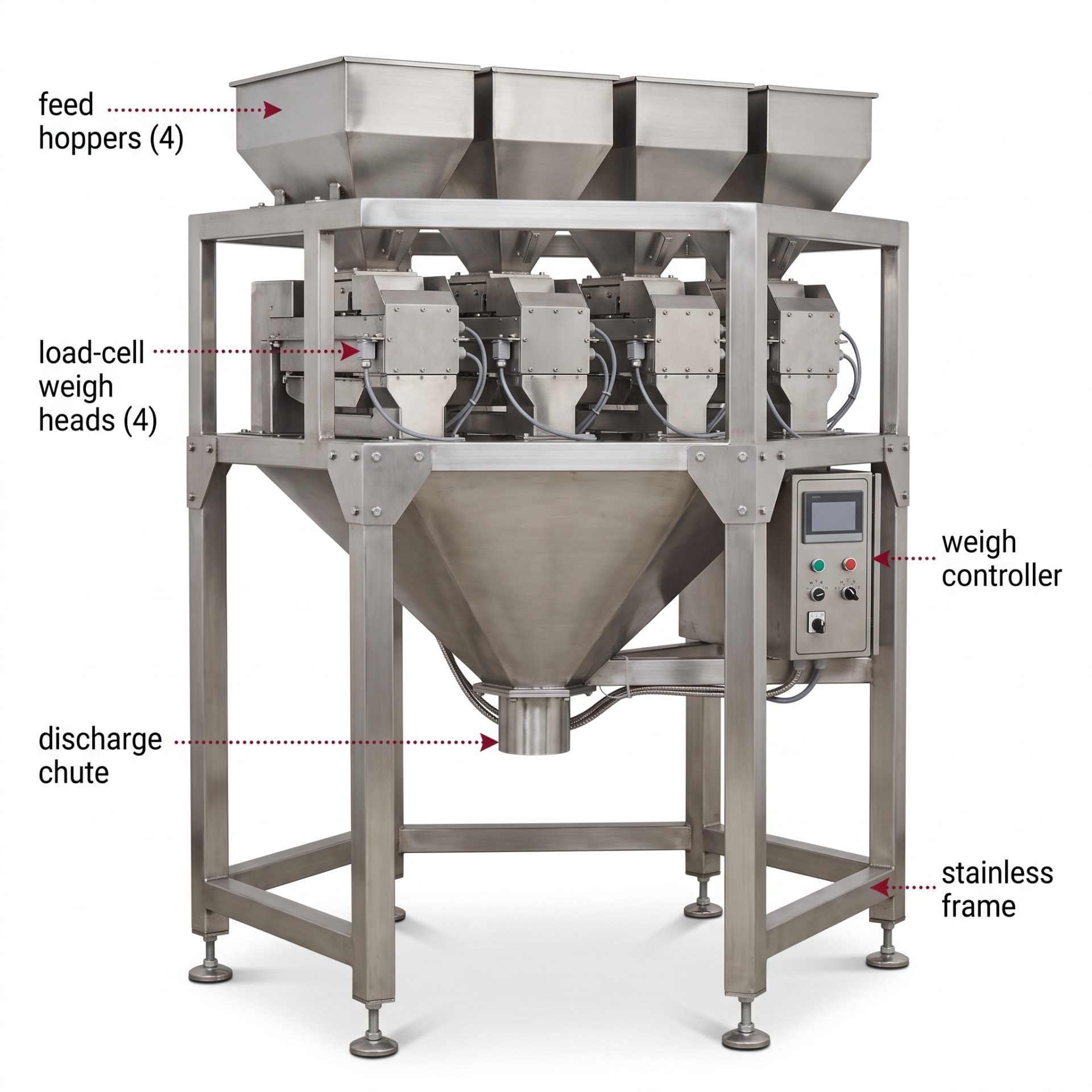 Four Head Weigh Filler Machine 1000g — precision nozzles, filling heads & mechanical assembly