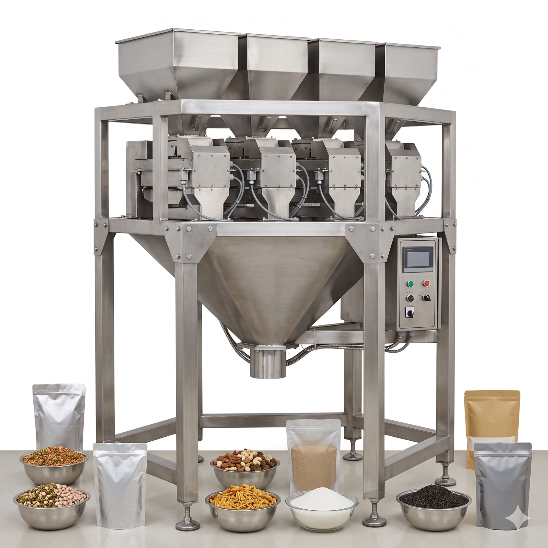 Four Head Weigh Filler Machine 1000g — Delta PLC touch screen & automated control panel layout