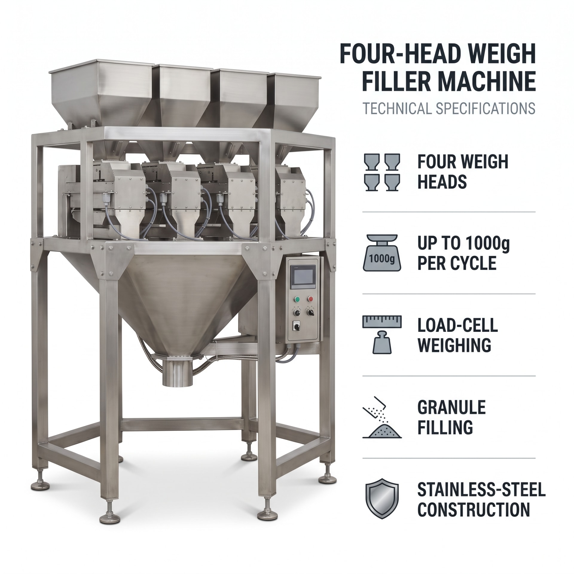 Four Head Weigh Filler Machine 1000g — packaging equipment technical specifications and build view 5 by New Vision Machines Indore