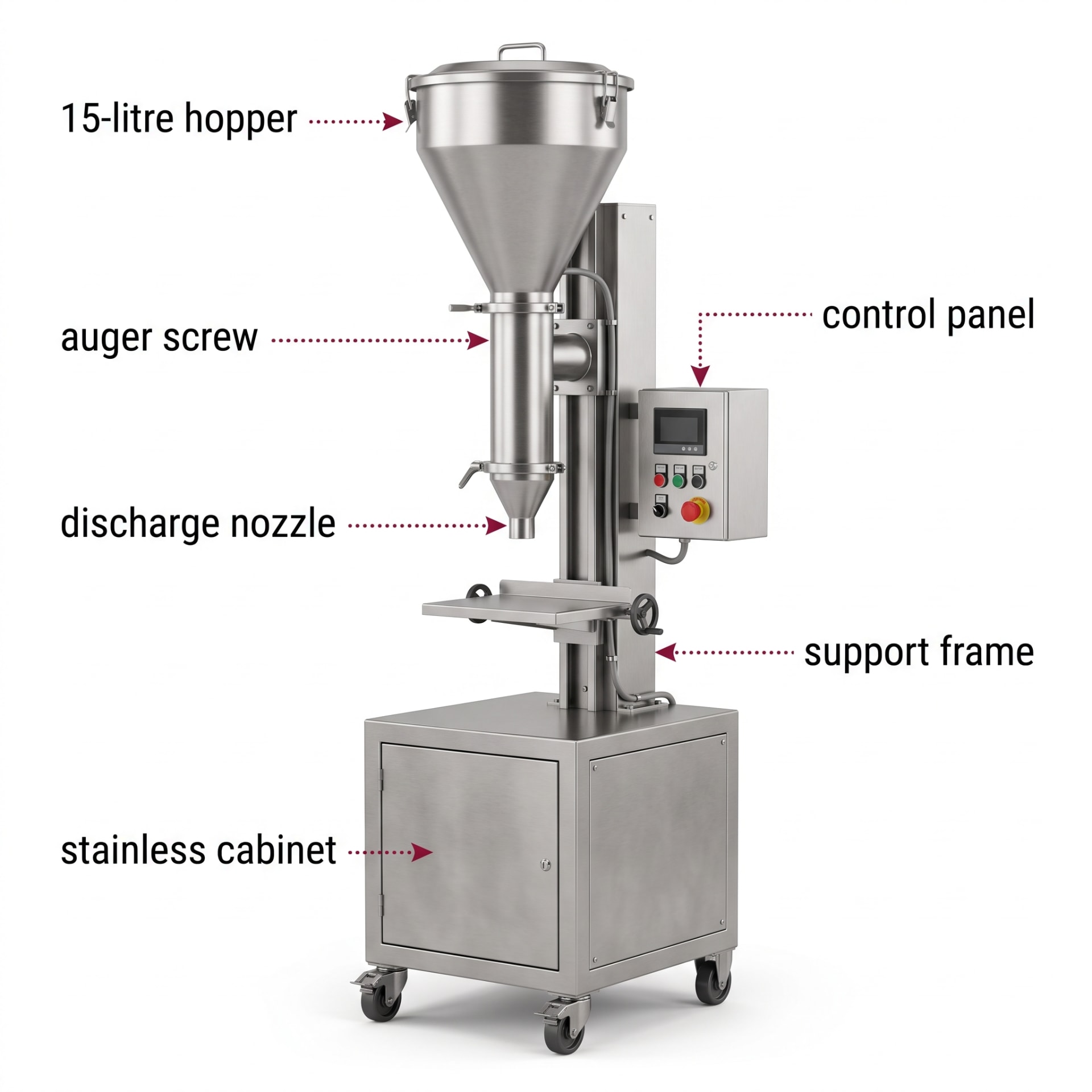 Auger Filler 15 Litre Powder Filling Machine — precision nozzles, filling heads & mechanical assembly
