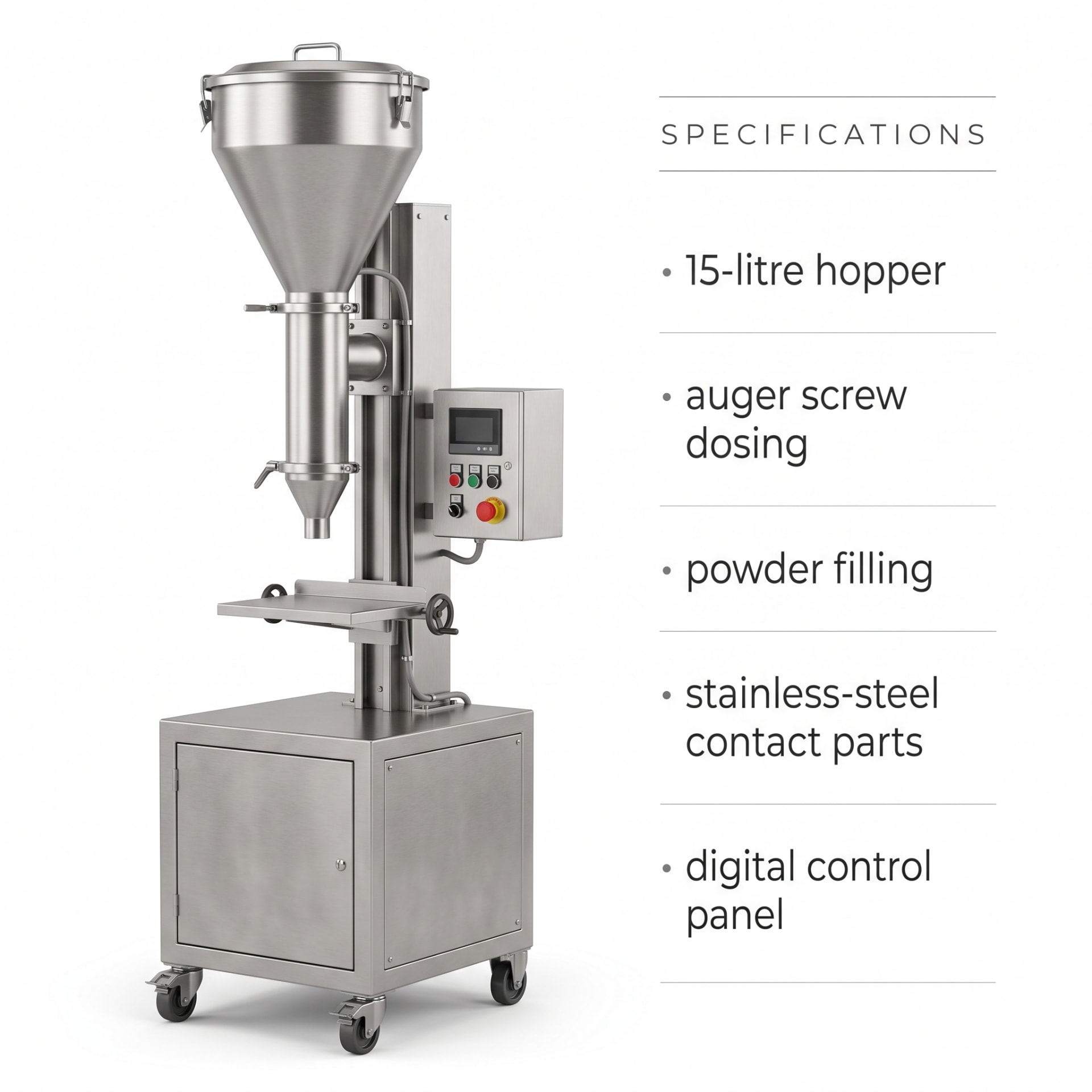 Auger Filler 15 Litre Powder Filling Machine — packaging equipment technical specifications and build view 5 by New Vision Machines Indore