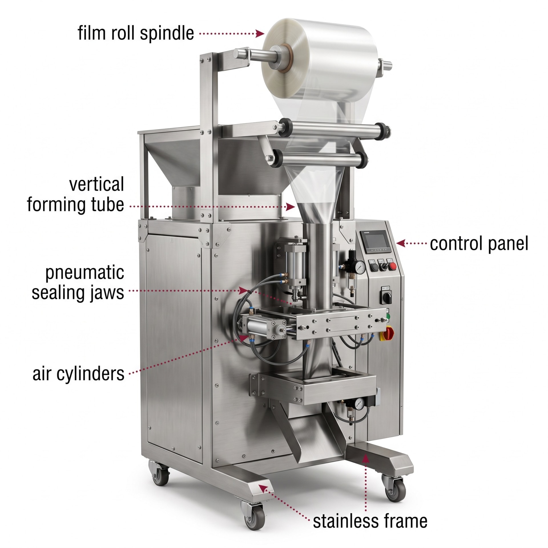 1000g Center Sealer FFS Bagging Machine — precision nozzles, filling heads & mechanical assembly