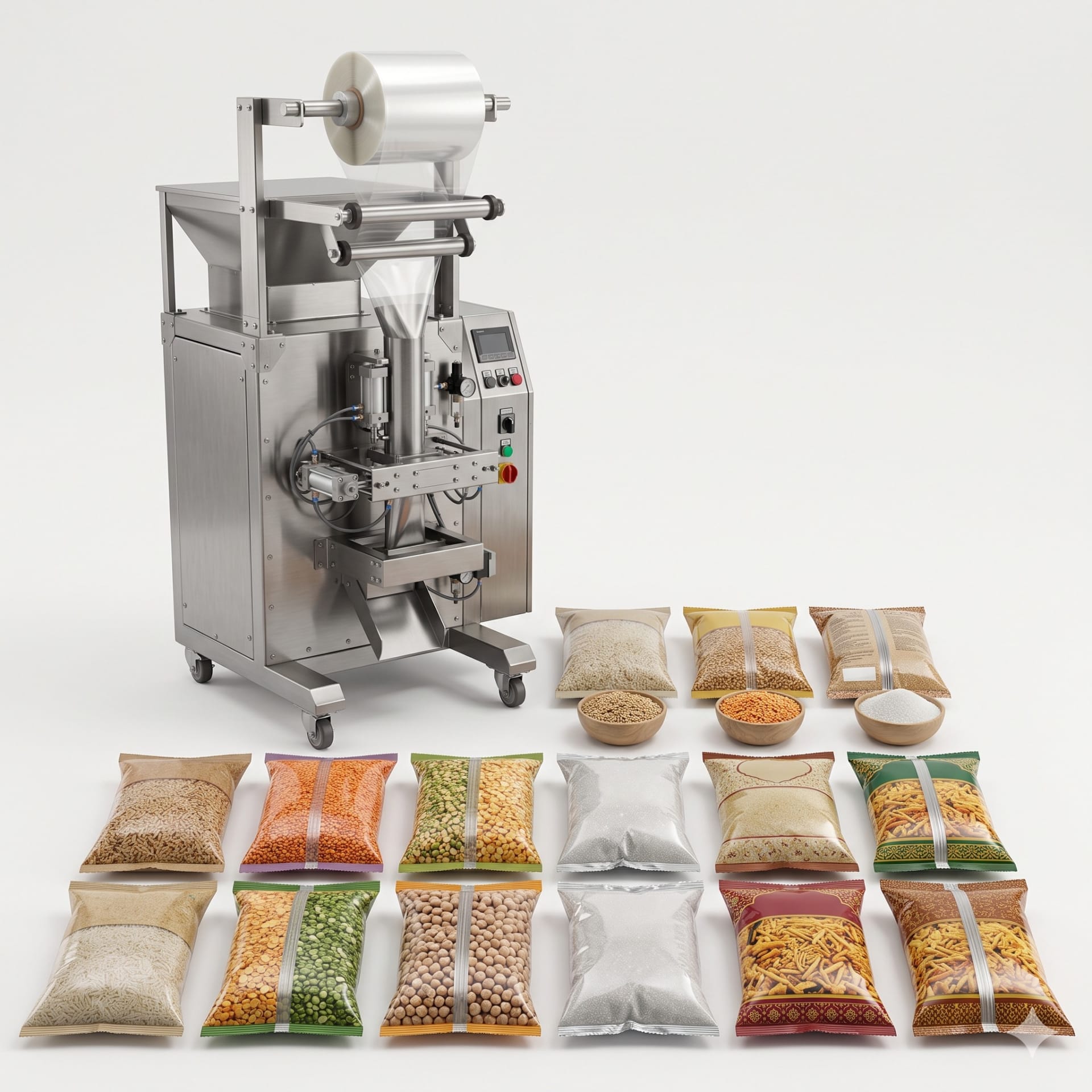 1000g Center Sealer FFS Bagging Machine — Delta PLC touch screen & automated control panel layout