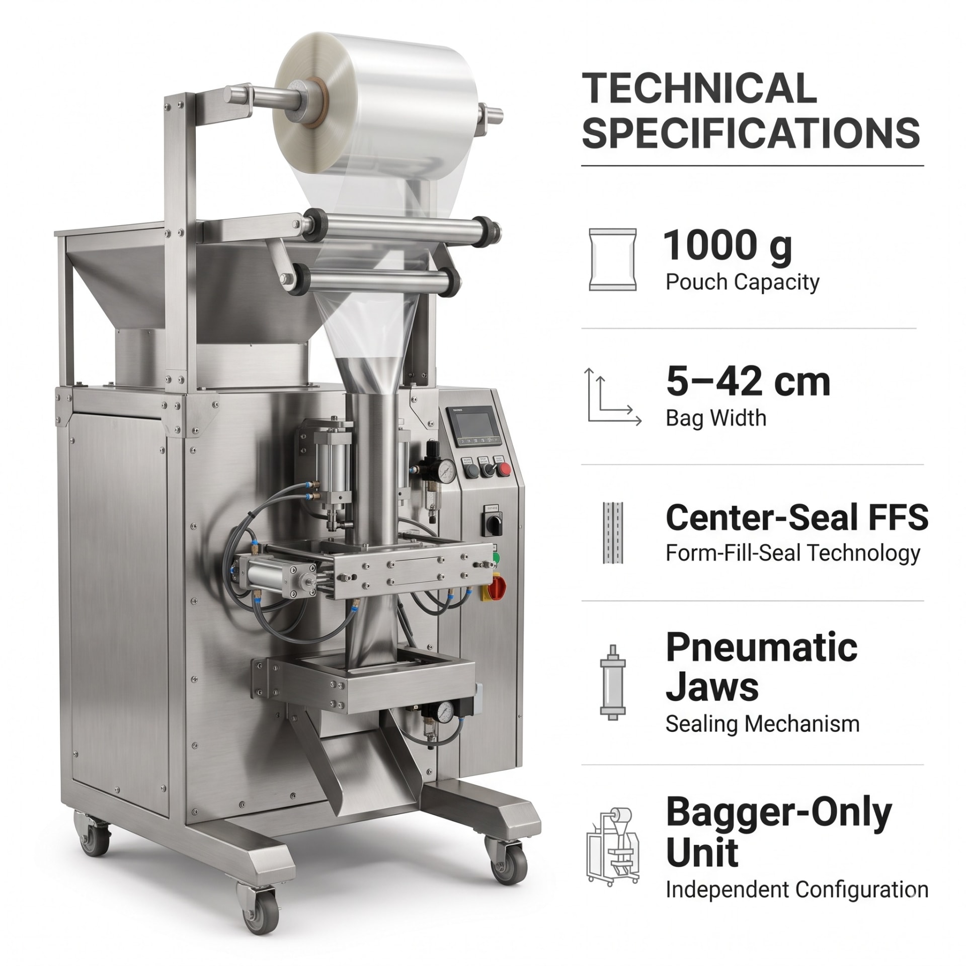 1000g Center Sealer FFS Bagging Machine — packaging equipment technical specifications and build view 5 by New Vision Machines Indore