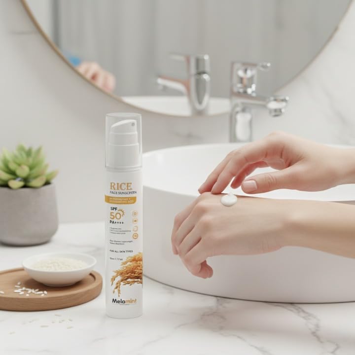 Melamint Rice Face Sunscreen SPF 50+ PA+, Broad Spectrum Protection, Hyaluronic Acid, Rice Extract & Niacinamide | 50ml