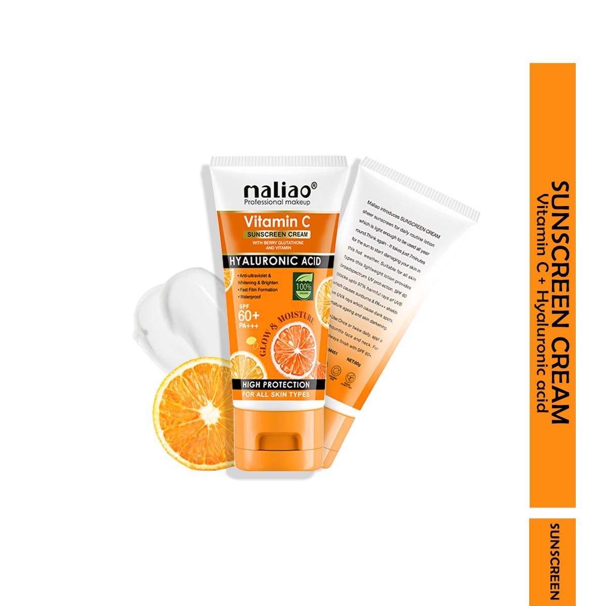 Maliao Vitamin C Sunscreen Cream SPF 60+ PA+++ | With Berry Glutathione & Hyaluronic Acid | Waterproof & Sweatproof | Brightening & Anti-Aging Sunblock | For All Skin Types | 60g