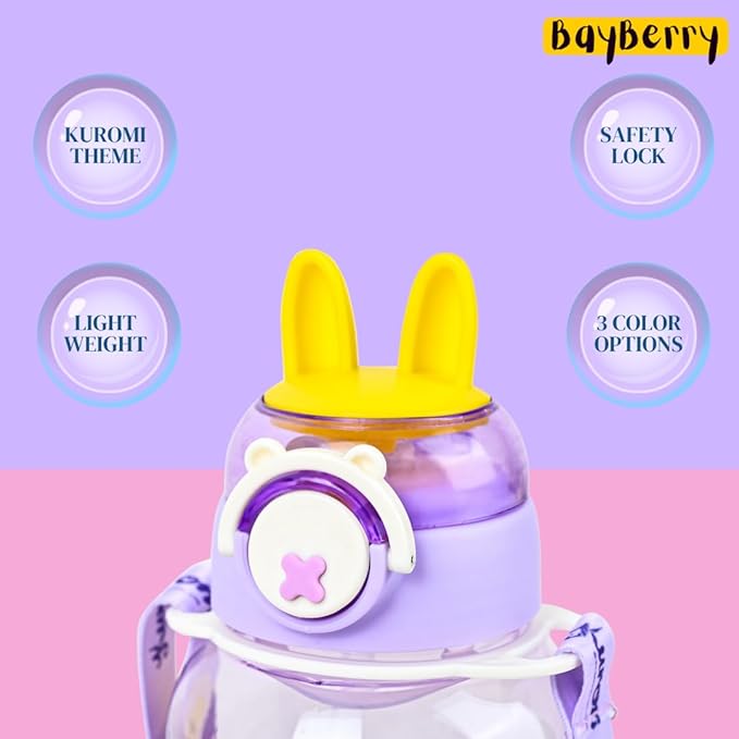 Animated Character Kids Water Bottle with Bunny Ears Lid, Purple Floral Lanyard, Clear & Leak Proof Water Bittle For Kids.