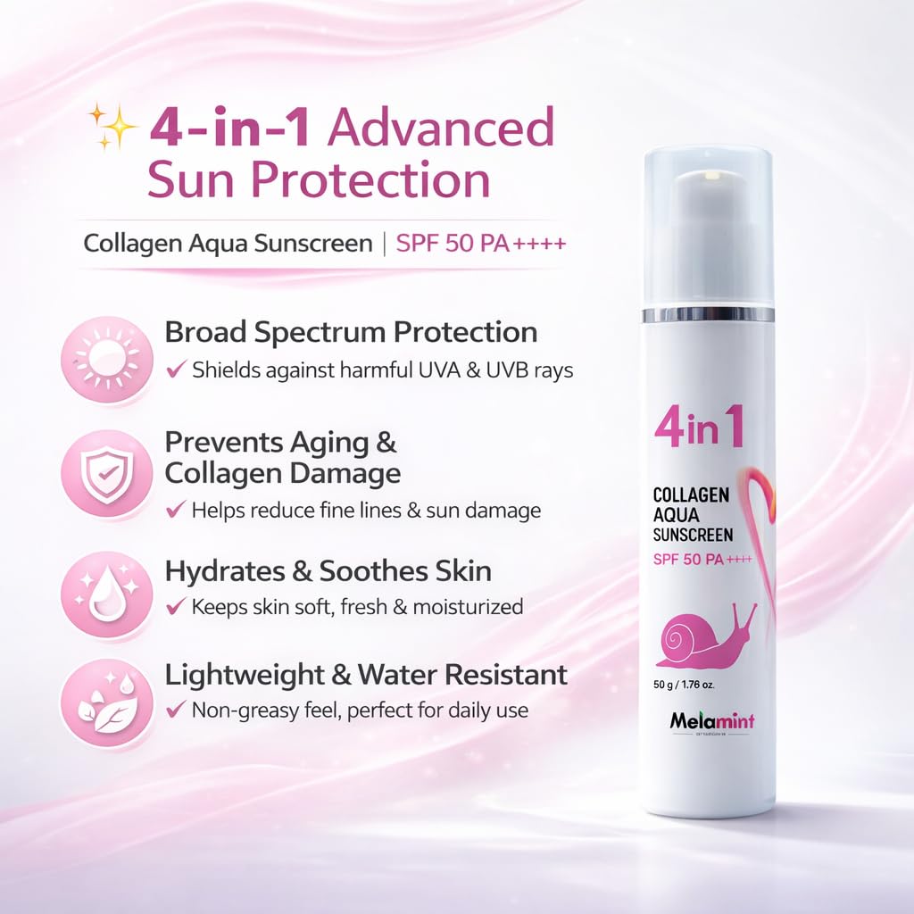 4-in-1 Collagen Aqua Sunscreen SPF 50 PA++++ | Broad Spectrum UVA/UVB Protection | Lightweight, Hydrating & Non-Greasy | Water Resistant | For All Skin Types (50g)
