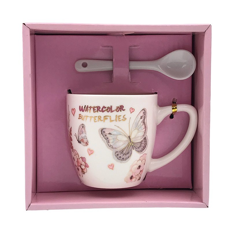 Ceramic mug with spoon, butterfly pattern, 14x14cm, multicolor M3