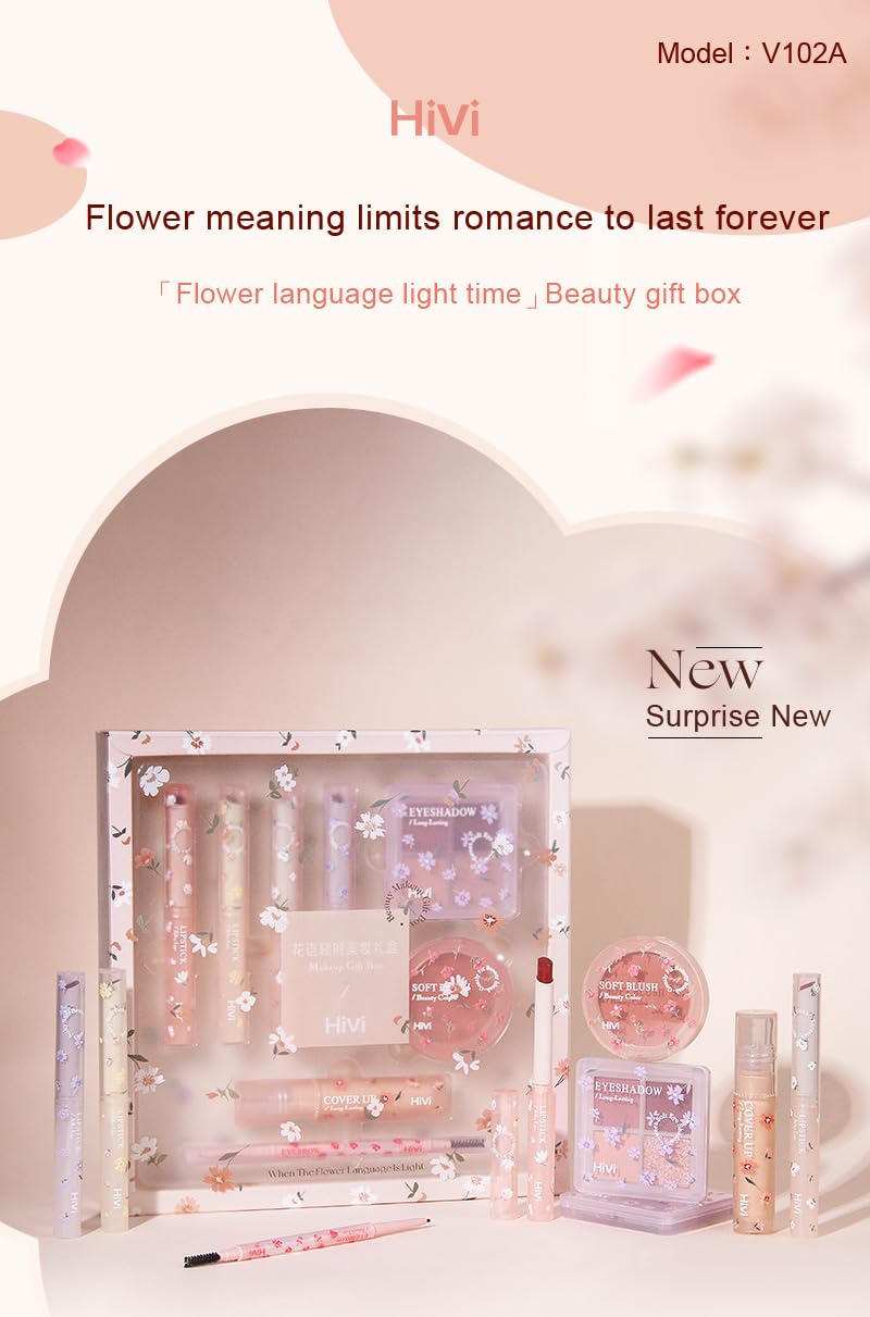 HiVi Flower Language Light Time Beauty Combo Pack Set | Makeup kit Palette 5 in 1 | Lipstick Set with Blusher Concealer Eyeshadow & Eyebrow Pencil | Long-Lasting Lip Glaze | Multi Use Concealer | Precision Eyebrow Pencil | Eyeshadow Palette | Pink Blush for Cheeks | Complete Set for Face Makeup