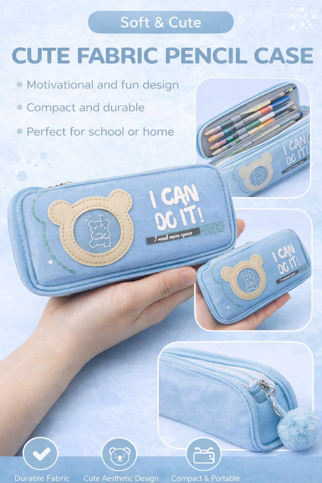 **Cute Light Blue Bear Pencil Case – “I Can Do It” Fabric Zipper Pouch | Kawaii School Stationery Organizer