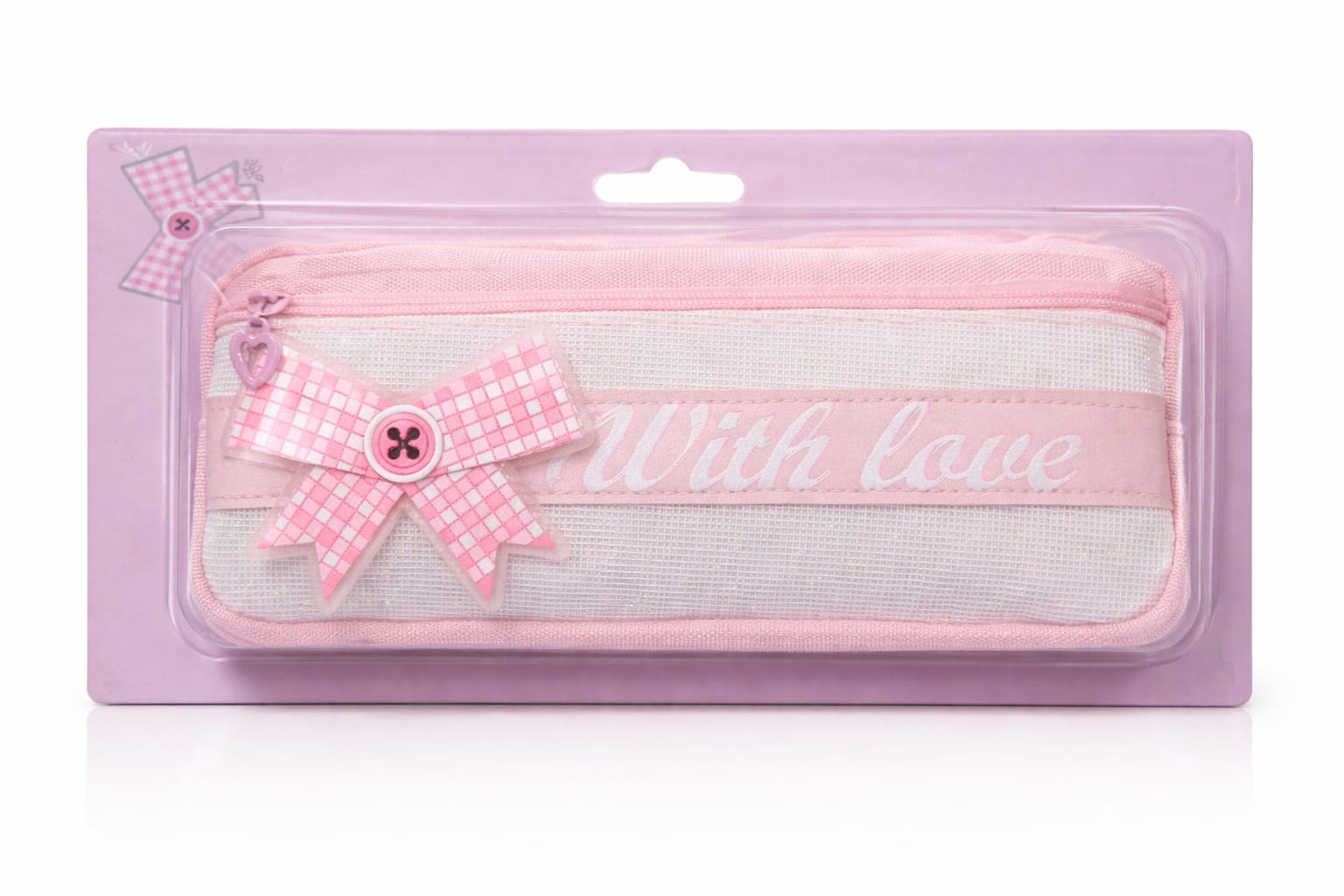 Cute Pink “With Love” Pencil Case – Stylish Zipper Pouch with Bow Design