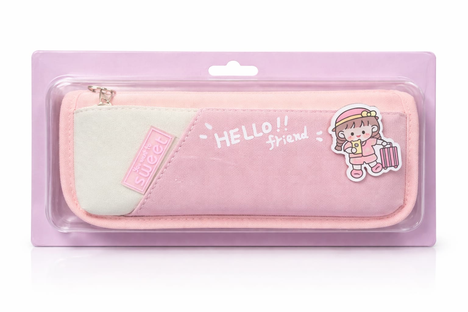 Cute Kawaii Pencil Case – “Hello Friend” Zipper Pouch (Pastel Pink/Blue)