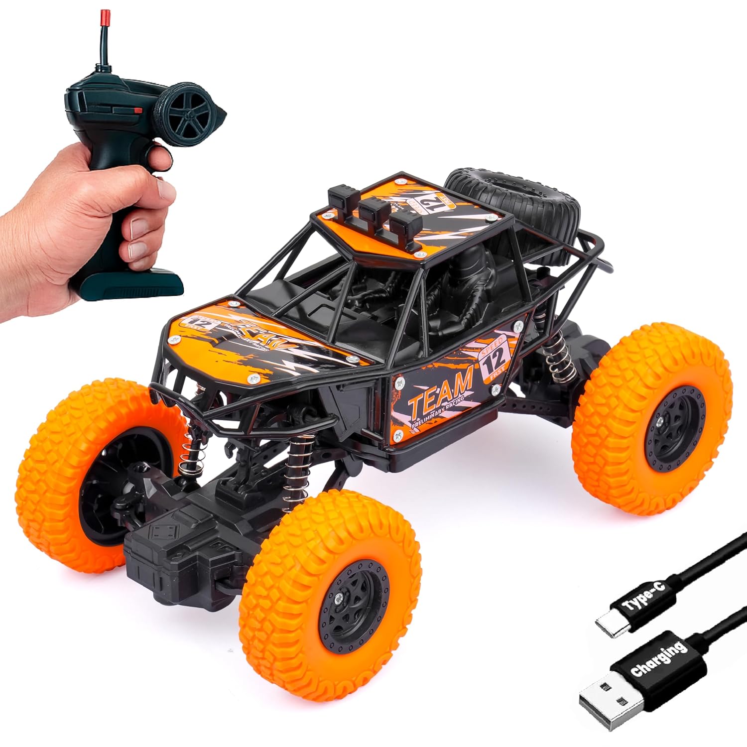 Gooyo GY-23 Big Rechargeable Monster Truck Remote Control Rock Crawler Car 5 Function 1:18 Rc car Toy| 4x4 Off-Road Car Toy for boy 5-12 Years | High Speed | Orange | in-Built Battery | Gift Box Pack